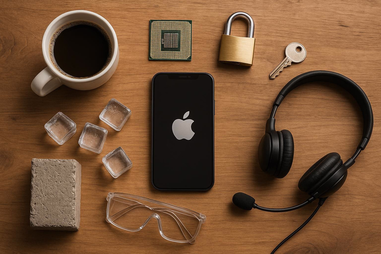 KDB Tech-Update 202510061505 Schreibtisch-Arrangements: Kaffeetasse, Chip, Vorhängeschloss mit Schlüssel, Eiswürfel, Schutzbrille, Headset und Smartphone als Technik-Update-Setup.