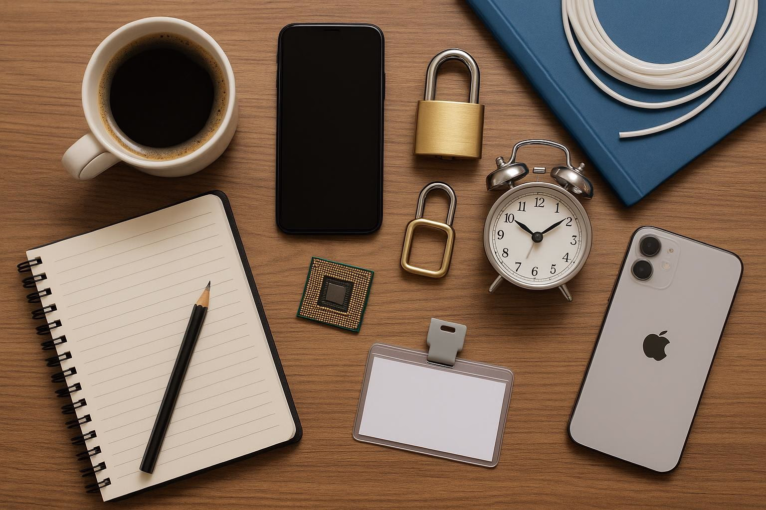 KDB Tech-Update 202510070501 Schreibtisch-Übersicht: Smartphone, gesperrte Schlüssel und Wecker, Notizbuch sowie Computerchip; Hinweis auf Zeitmanagement und Datensicherheit.