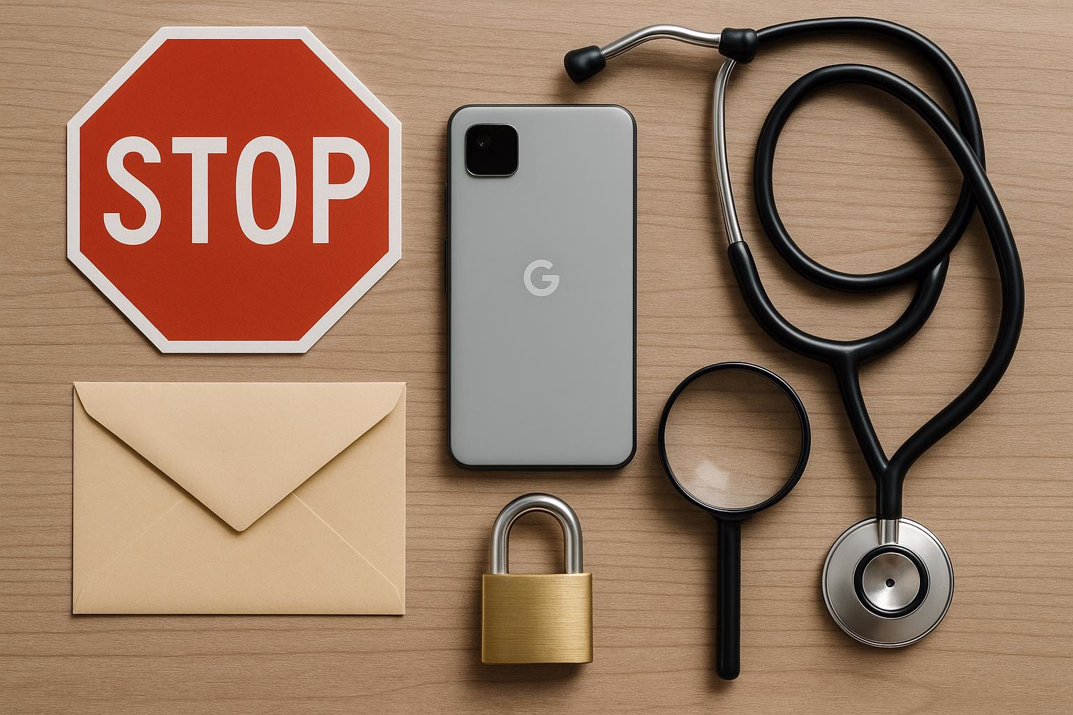 KDB Tech-Update 202510080506 Schreibtisch-Übersicht mit Stoppschild, Smartphone, Briefumschlag und Stethoskop; unten ein Vorhängeschloss als Symbol für Sperrung bzw. Kontrolle.