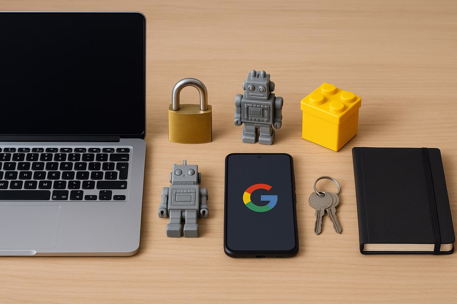 KDB Tech-Update 202510081502 Schreibtisch-Setup: Laptop, Smartphone mit Schutz-Symbol, mehrere Schlüssel, Vorhängeschloss und Roboterfiguren; verdeutlicht Sicherheit und Technik.
