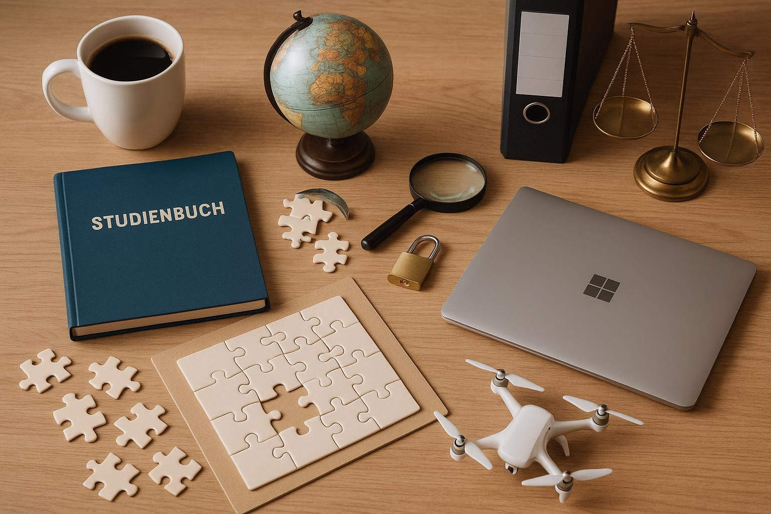 KDB Tech-Update 202510090502 Schreibtisch mit Studieneintrag, Globus, Laptop, Lupe, Puzzle-Teilen, Vorhängeschloss, Aktenordner und Modell-Drohne als Lern- und Planungs-Setup.