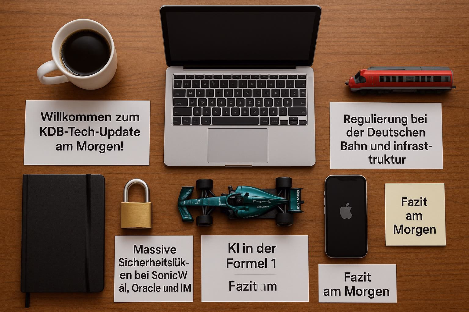 KDB Tech-Update 202510100502 Schreibtisch-Layout mit Laptop, Kaffeetasse, Modellzug, Smartphone, Notizzetteln und Vorhängeschloss; Symbole für Tech-Update und Sicherheit.