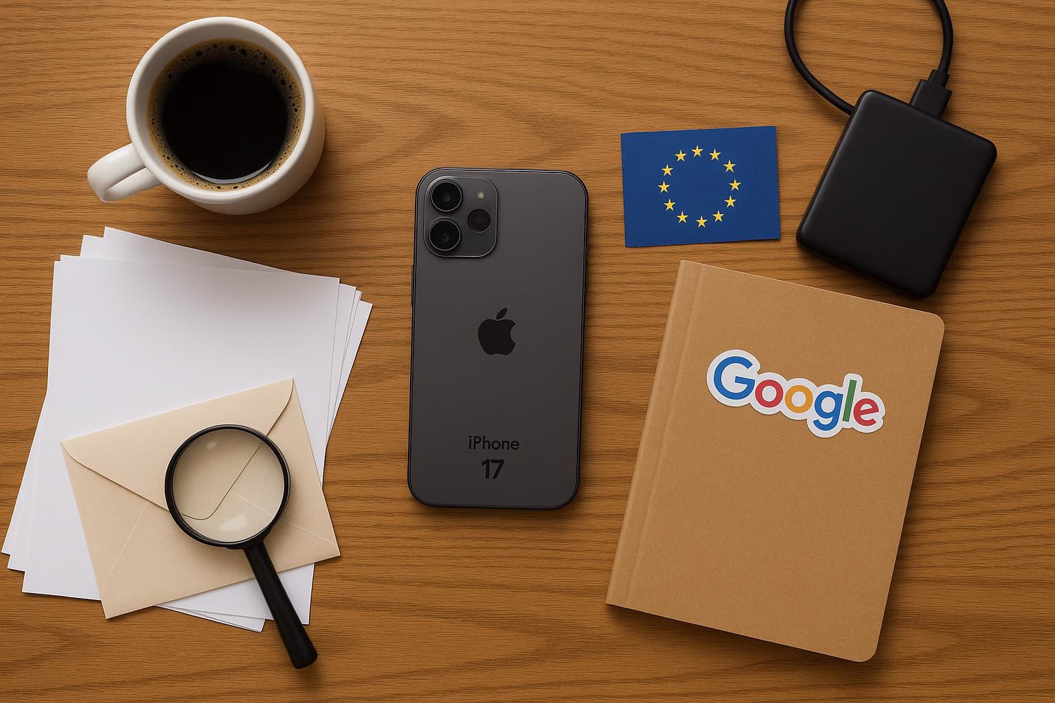 KDB Tech-Update 202510101505 Schreibtisch mit Kaffeetasse, Smartphone, EU-Flaggenkarte, externer Festplatte, Notizbuch mit Aufkleber und Briefumschlägen—für Tech-Update/Recherche.