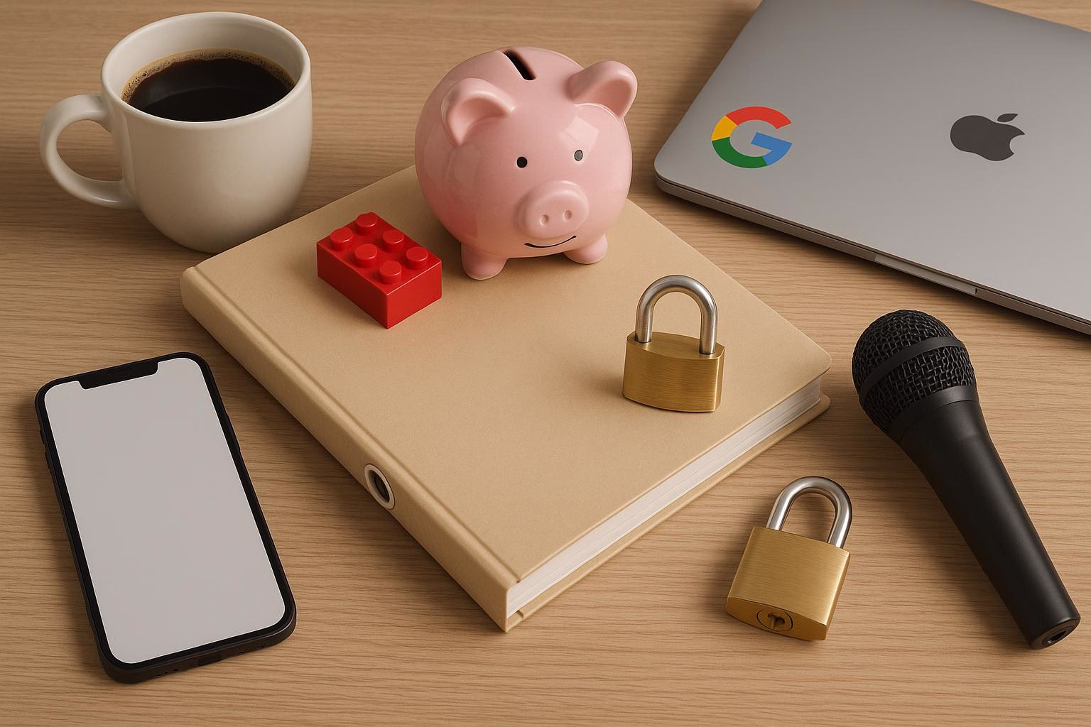 KDB Tech-Update 202510110504 Schreibtisch-Arrangements: Laptop, Smartphone, Mikrofon, Kaffeetasse, LEGO-Stein, Sparschwein und geöffnete/schließbare Schlösser; verdeutlicht Sicherheit.