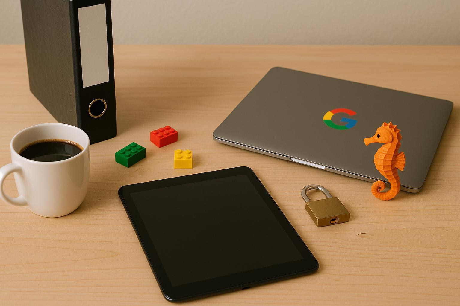 KDB Tech-Update 202510111505 Schreibtisch mit Kaffeetasse, Laptop, Tablet, bunten Legosteinen und Vorhängeschloss; arrangierte Gegenstände für Arbeits- und Technik-Update.