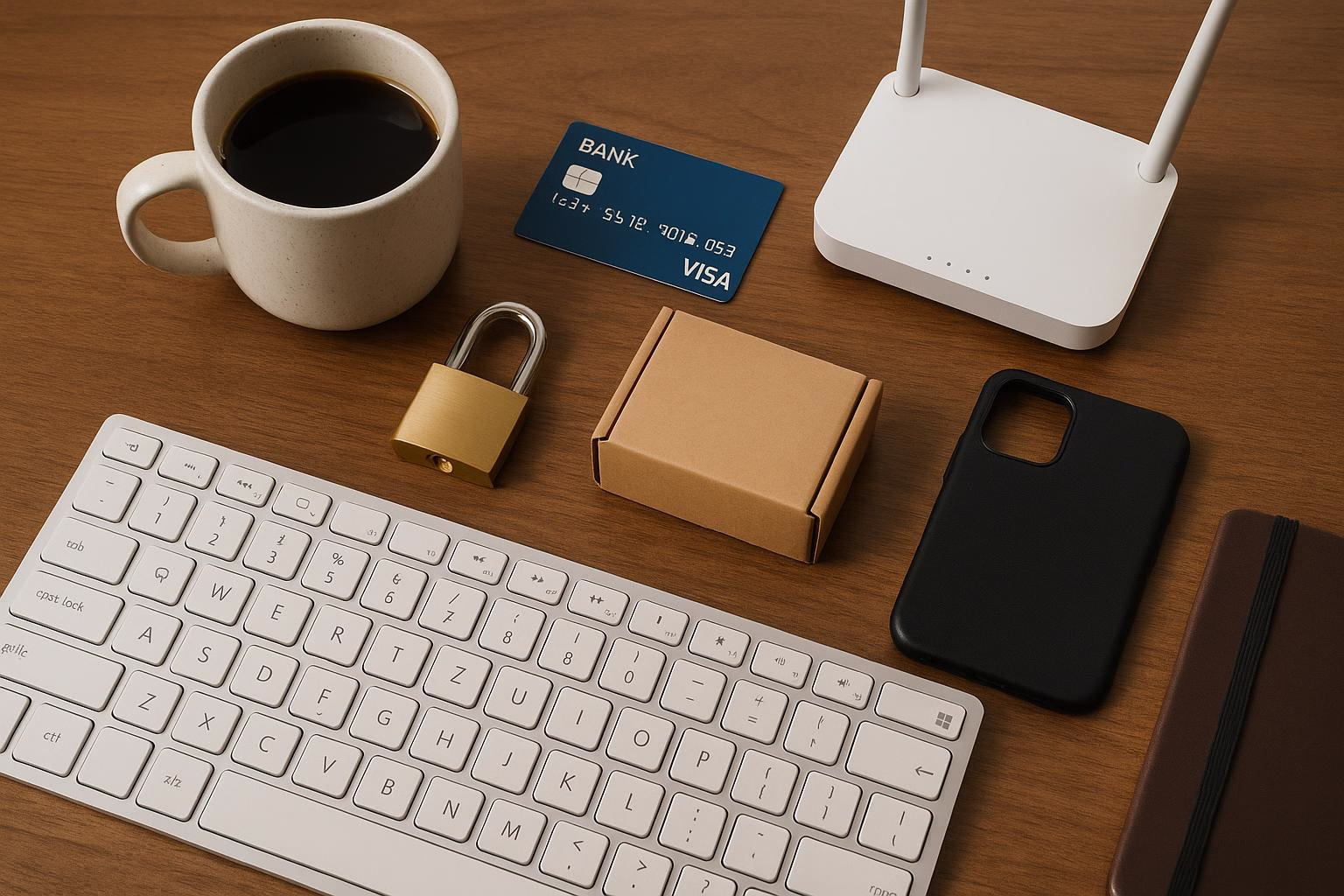 KDB Tech-Update 202510120504 Schreibtisch-Setup mit Kaffeetasse, Bankkarte, Vorhängeschloss, Versandkarton, Tastatur, Router und Handyhülle; verdeutlicht sichere Zahlung und Versand.