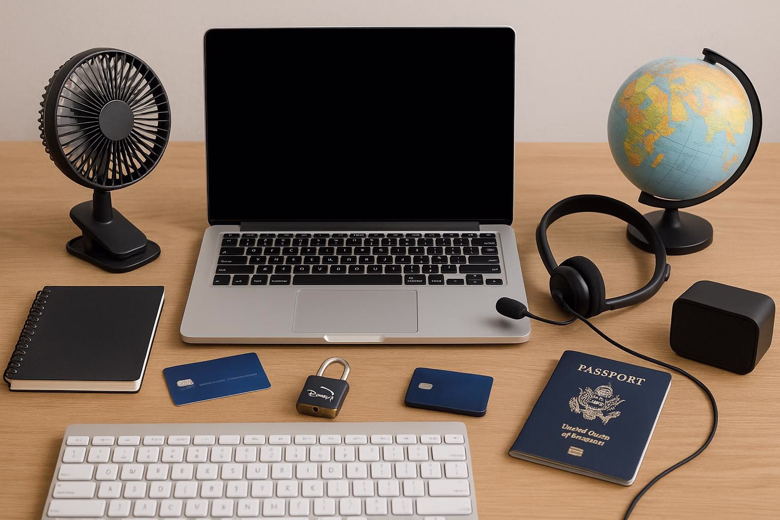 KDB Tech-Update 202510121503 Schreibtisch mit Laptop, USB-Lüfter, Headset, Bluetooth-Lautsprecher und Weltkugel, daneben Notizbuch, Karten, Reisepass und Tastatur. Zweck: Arbeit.