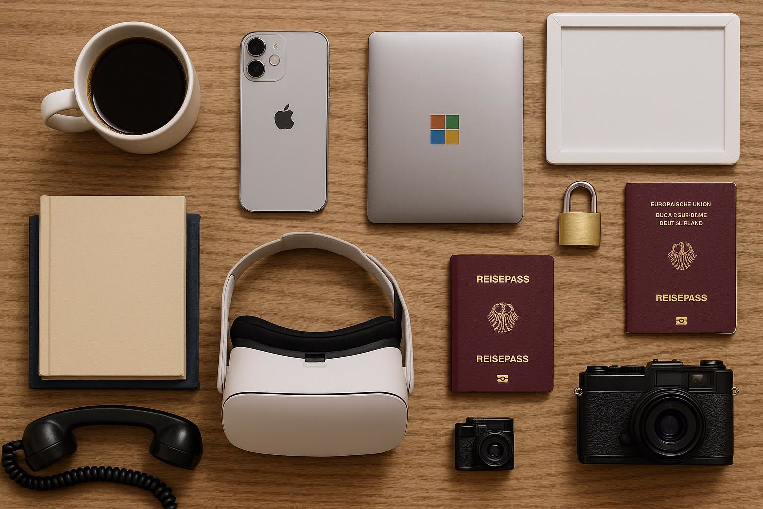 KDB Tech-Update 202510130502 Übersichtlicher Tisch mit Kaffeetasse, Smartphone, Tablet, Whiteboard, Reisepässen, VR-Brille, Kamera und Kameraausrüstung—für Reise- und Technik-Setup.