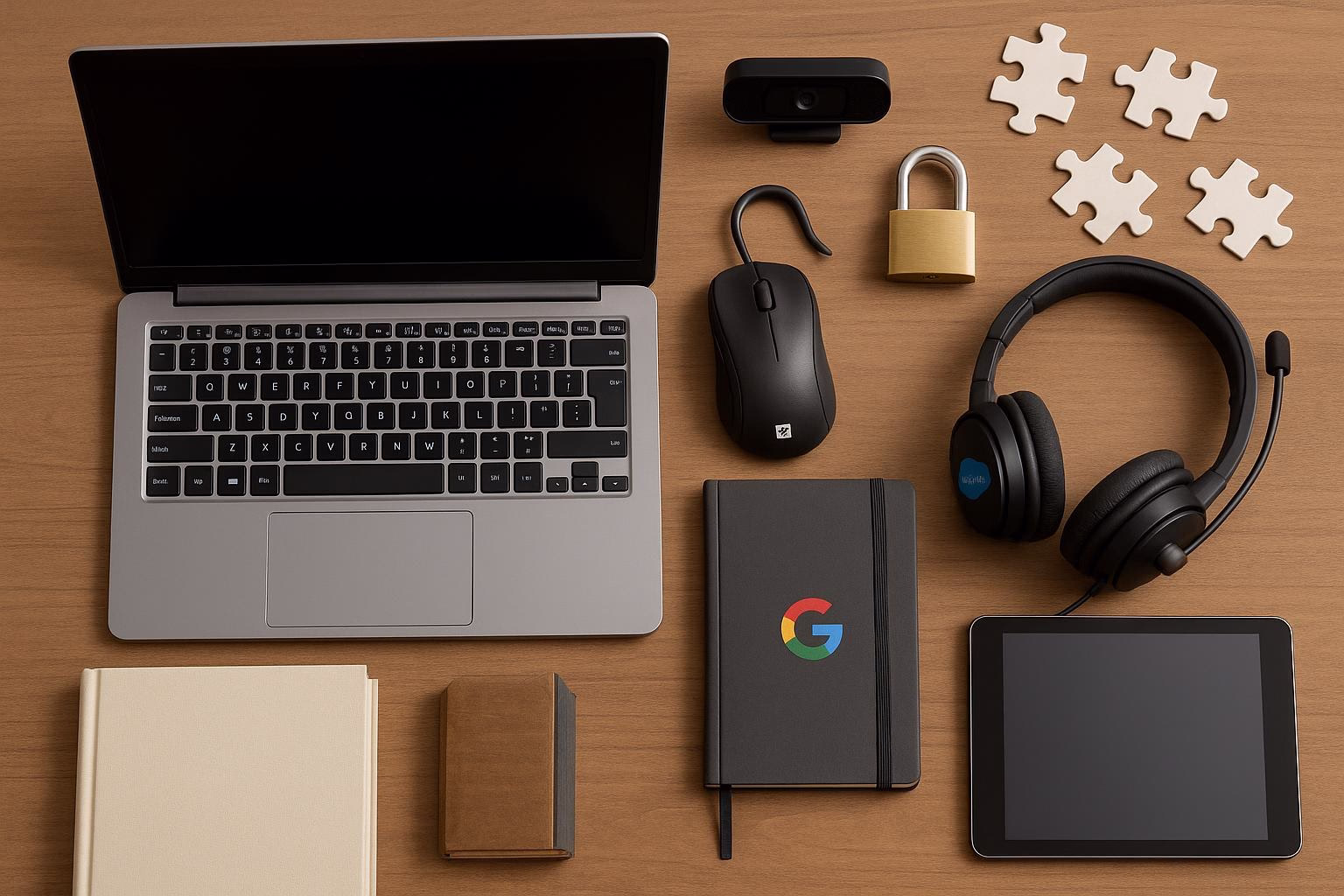 KDB Tech-Update 202510131506 Übersicht eines Schreibtischs: Laptop, Maus, Headset und Tablet mit Sicherheitsvorhängeschloss sowie Puzzle-Teilen, symbolisch für digitales Arbeiten.