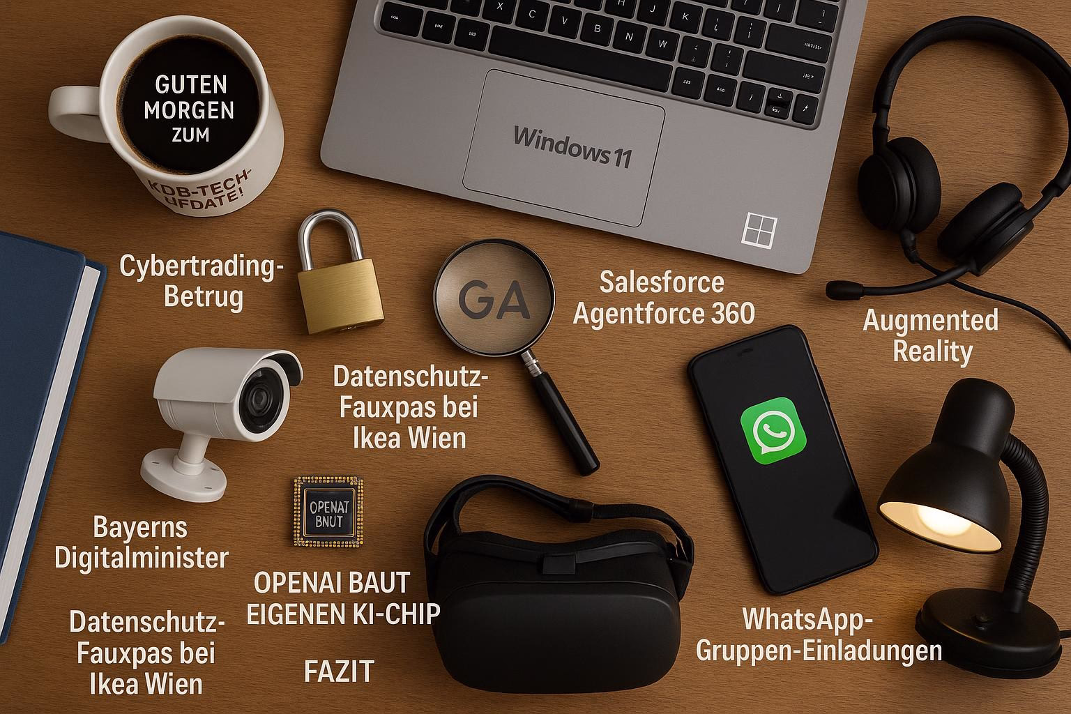 KDB Tech-Update 202510140501 Schreibtisch-Übersicht: Laptop mit Windows-Logo, Kaffeetasse „Guten Morgen“, Kaffeetasse „KDB-Tech“, Headset, VR-Brille und Smartphone, Symbole für Cyber- und KI-Themen.