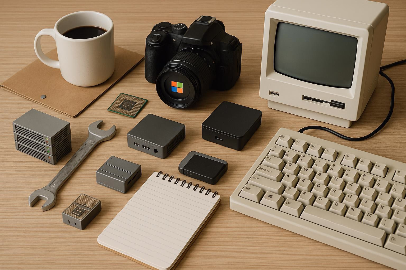 KDB Tech-Update 202510150505 Schreibtisch-Setup mit Kaffeebecher, Kamera, Retro-Monitor, Mini-PC, externen Speichergeräten, Werkzeug und Tastatur für Technik-Update-Zwecke.