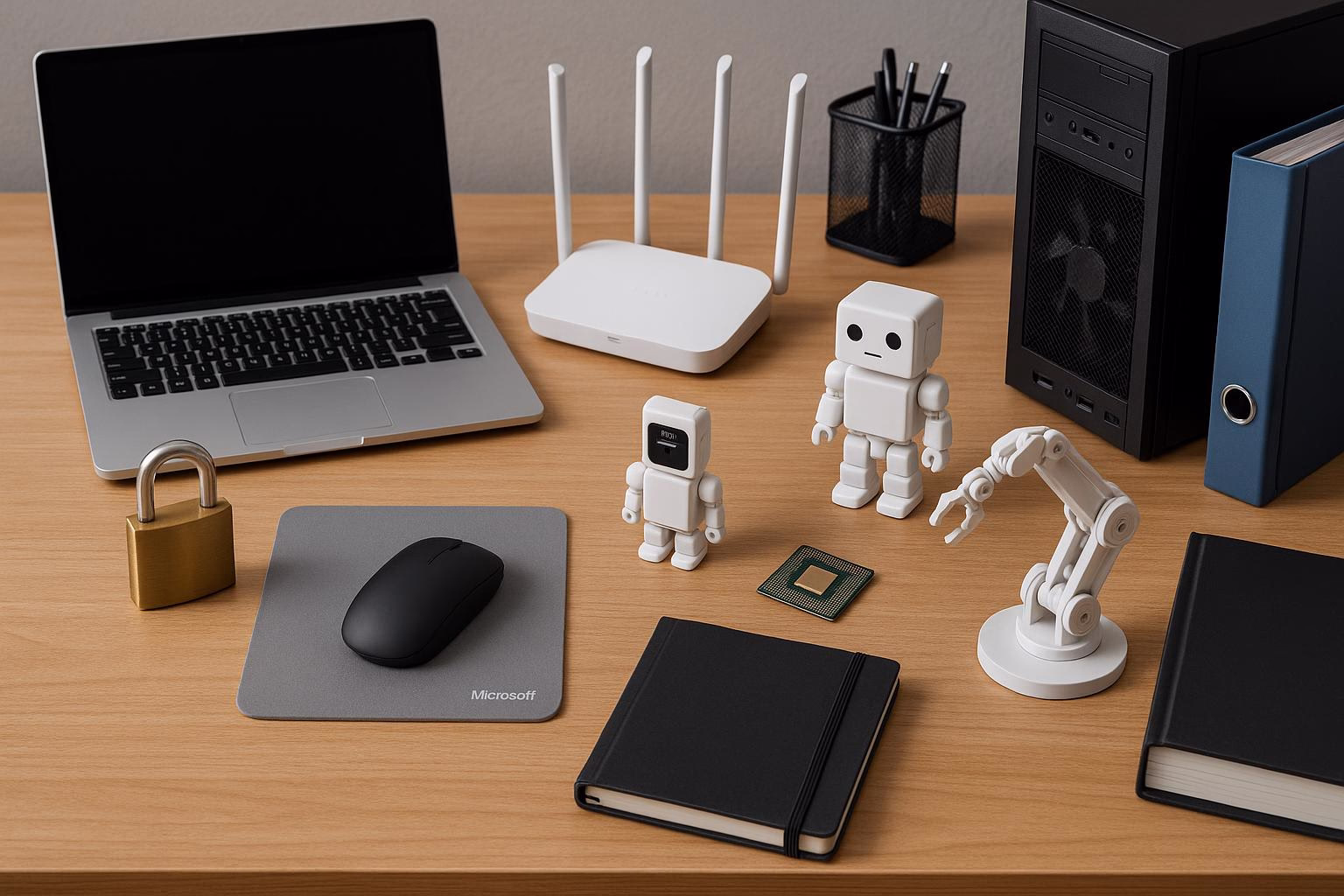KDB Tech-Update 202510151506 Schreibtisch mit Laptop, WLAN-Router, Roboterfiguren und Schreibtisch-Organizer; visuelles Tech-Setup mit Sicherheits- und Hardware-Bezug.