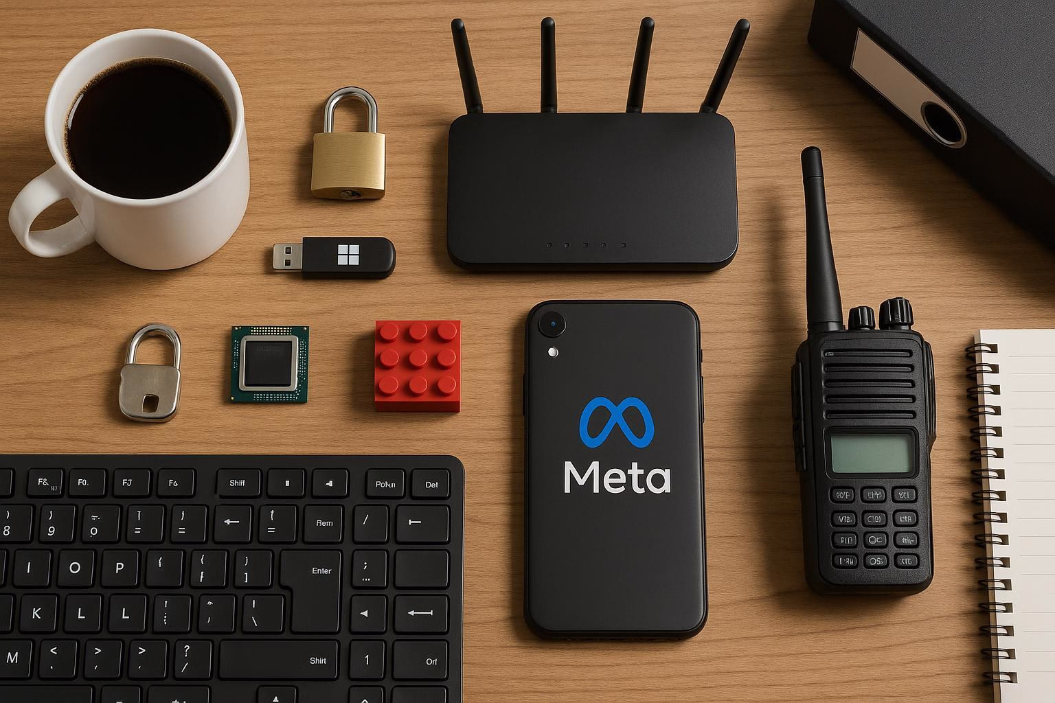 KDB Tech-Update 202510160505 Schreibtisch mit Kaffeetasse, Router, Smartphone und Funkgerät; daneben USB-Stick, Schloss, Chip, Notizblock und Tastatur, zur Darstellung von Technik.