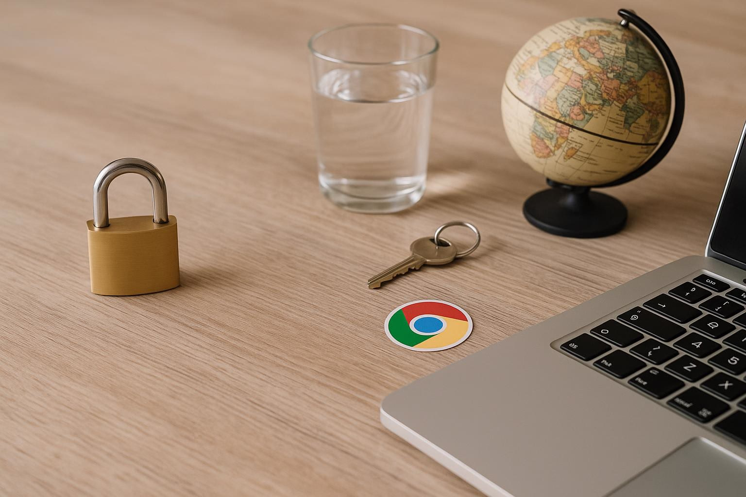 KDB Tech-Update 202510161507 Offenes Vorhängeschloss mit Schlüsseln, Globus und Wasserglas neben Laptop auf einem Schreibtisch; symbolisiert Sicherheit und Schutz.