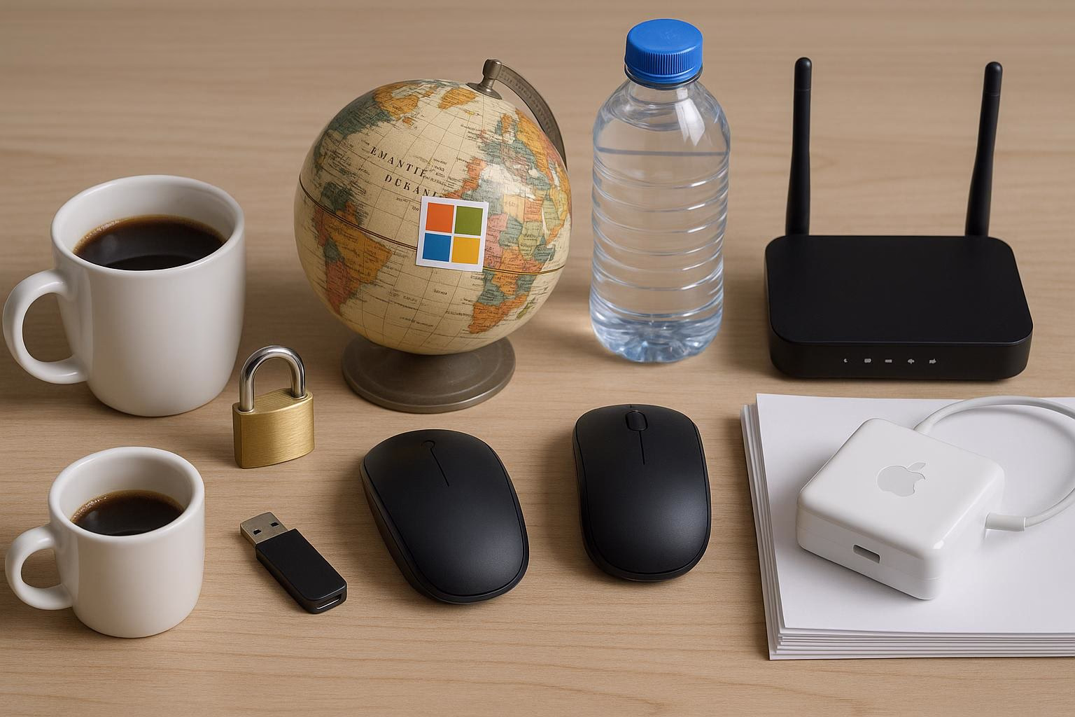 KDB Tech-Update 202510170505 Schreibtisch-Setup mit Globus, Kaffee- und Wasserbecher, WLAN-Router, Maus, USB-Sticks, Netzteil, Papierstapeln und Kabeln zur Technikorganisation.