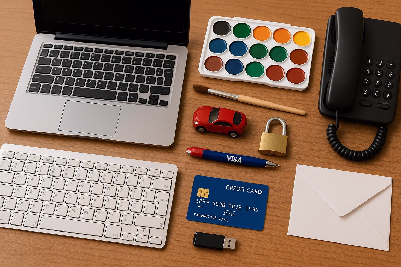 KDB Tech-Update 202510171506 Schreibtisch mit Laptop, Malpalette, Stift, Spielzeugauto, Kreditkarte und USB-Stick; daneben Telefon, Vorhängeschloss und Briefumschlag zur Arbeitsanschaulichkeit.