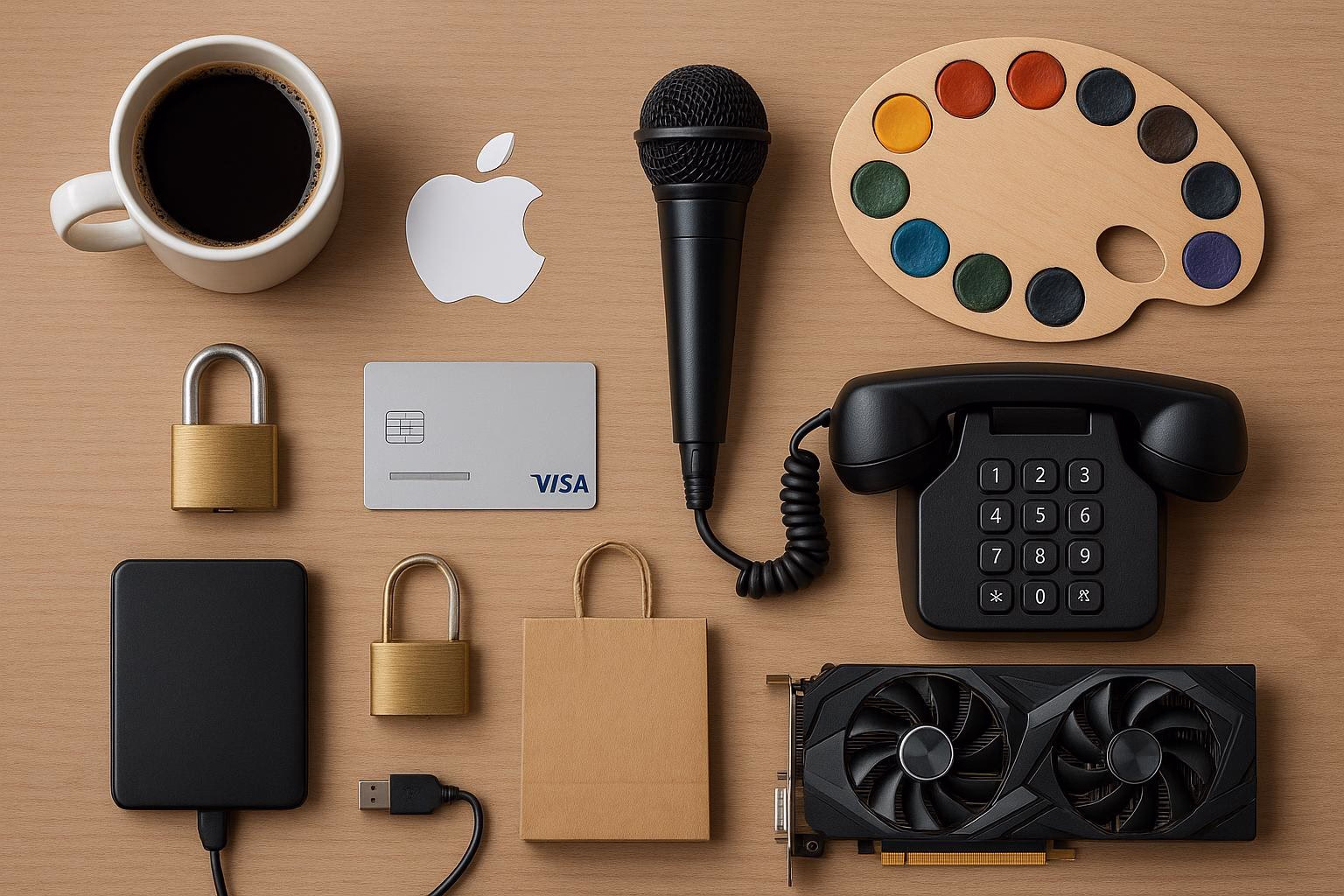 KDB Tech-Update 202510180503 Übersicht eines Schreibtischs mit Kaffeetasse, Mikrofon, Telefon, Kreditkarte, Schlössern, Festplatte und Grafikkarte—Symbole für Technik und Sicherheit.