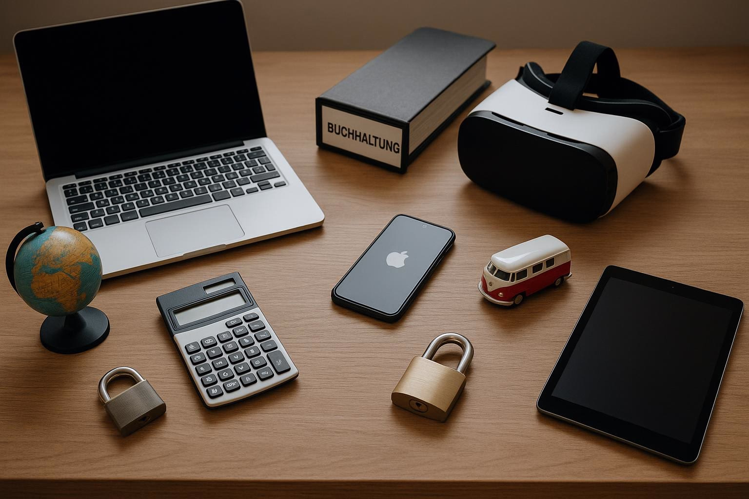 KDB Tech-Update 202510181506 Schreibtisch mit Laptop, Buchhaltungsbox, Smartphone, Tablet und Rechner; zusätzlich Globus, Vorhängeschloss und VR-Headset als Symbol für IT- und Sicherheits-Themen.