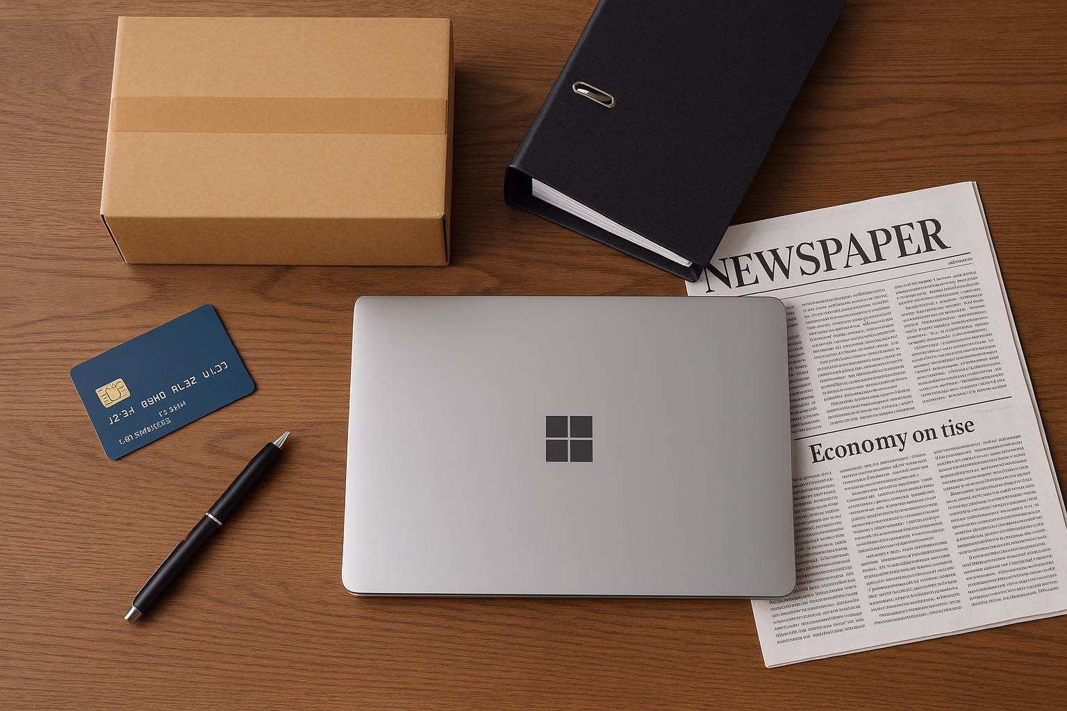 KDB Tech-Update 202510190502 Schreibtisch-Layout mit Laptop, Kugelschreiber, Kreditkarte, Bankumschlag, Zeitungsartikel und Paketkarton als Symbol für Büro- und Versandalltag.