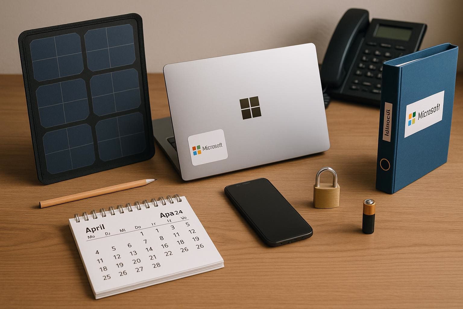 KDB Tech-Update 202510200504 Schreibtisch mit Laptop, Smartphone, Kalender, Bleistift und Batterie; daneben Tablet mit Solaranzeige und Zubehör, für Technik-Update.