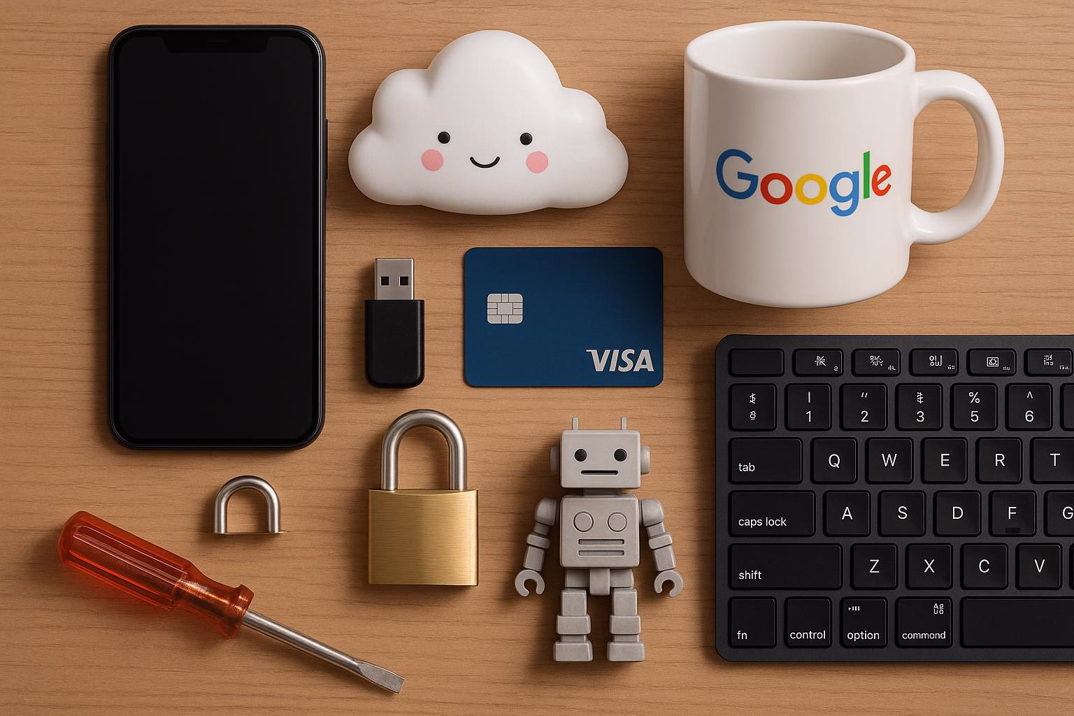 KDB Tech-Update 202510201505 Schreibtisch-Layout mit Smartphone, Wolkenfigur, USB-Stick, Kreditkarte, Vorhängeschloss, Roboter, Tastatur und Kaffeetasse zur Tech-Illustration.