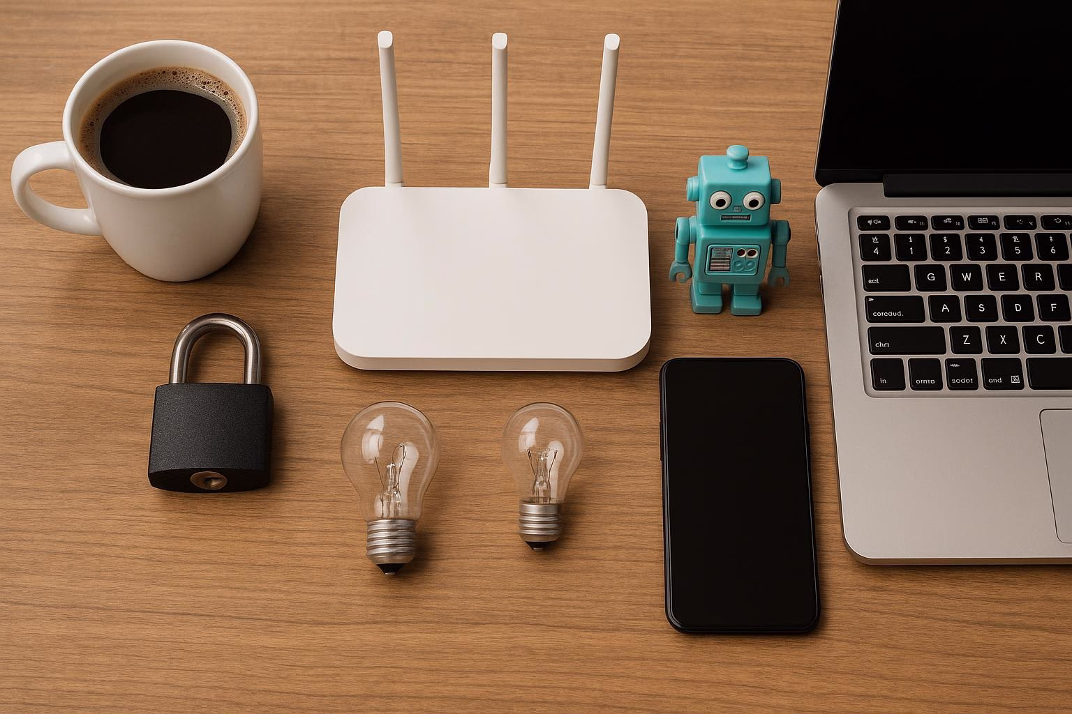 KDB Tech-Update 202510220504 Schreibtisch mit WLAN-Router, Smart-Roboterfigur, Laptop und Smartphone; daneben Tasse Kaffee, Schloss sowie zwei Glühbirnen zur Technik-Idee.