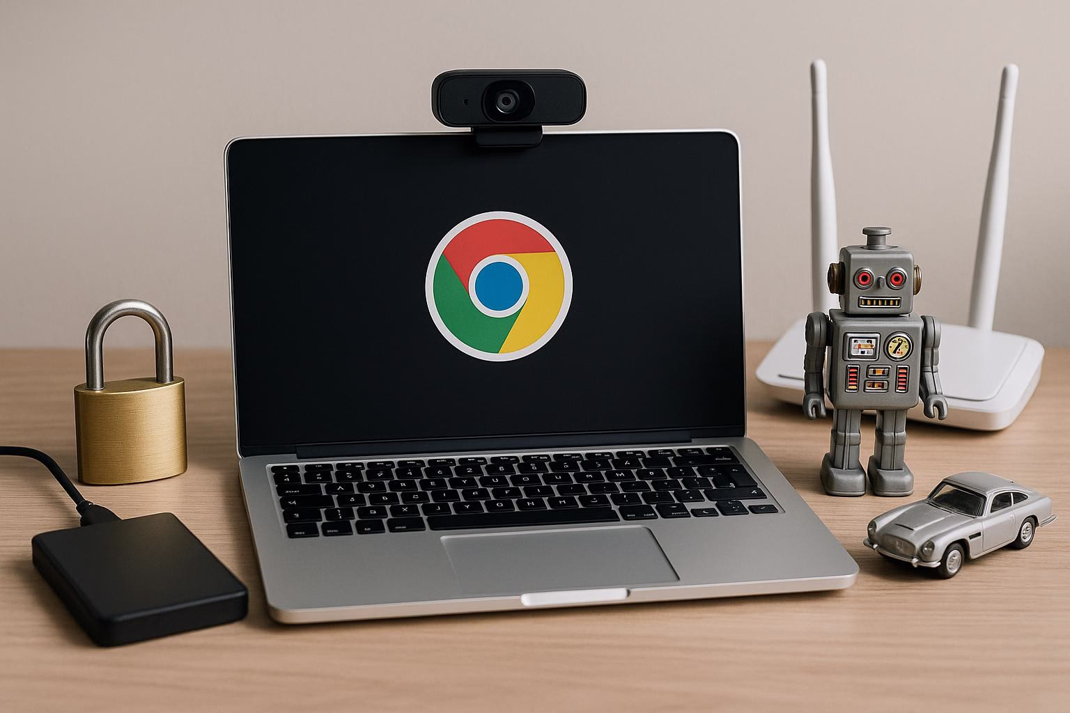 KDB Tech-Update 202510221501 Laptop mit Webcam, Chrome-Logo auf dem Bildschirm, neben Hardware-Zubehör wie Router, Roboterfigur, externe Speicherplatte und Schloss.