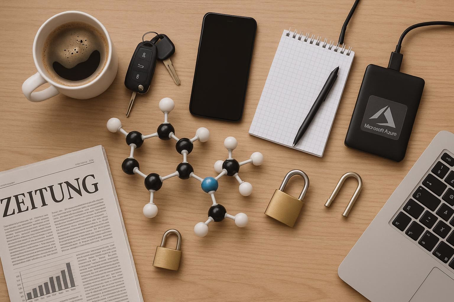 KDB Tech-Update 202510230505 Schreibtisch-Layout mit Kaffee, Smartphone, Laptop, Notizblock, Molekülmodell und Schlössern als Symbol für Sicherheit und Technologie.