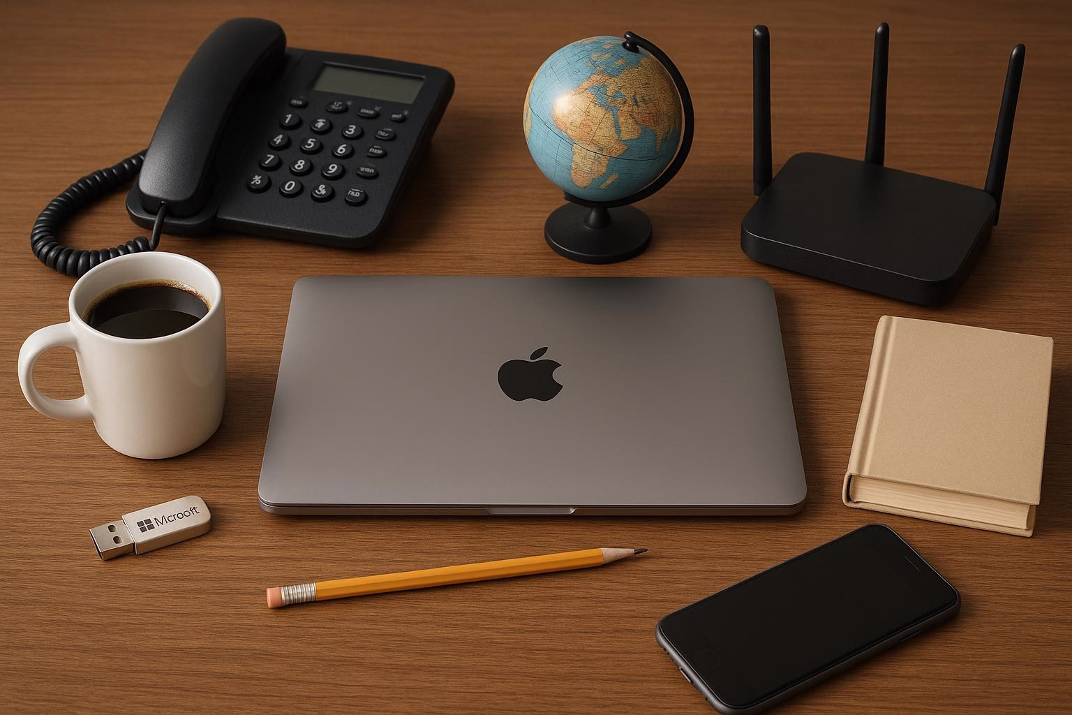 KDB Tech-Update 202510250504 Schreibtisch mit Laptop, Kaffeetasse, Globus, Telefon, Router und Smartphone; ordentliche Arbeitsumgebung für IT-Planung.