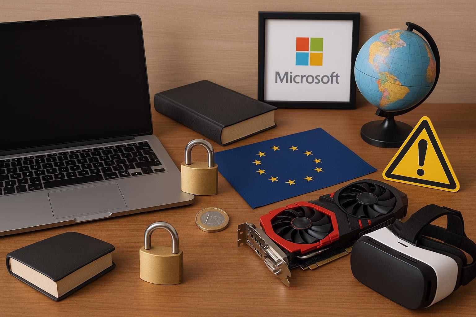 KDB Tech-Update 202510251503 Sicherheitsmotiv auf Schreibtisch: Laptop, Bücher, Globus, EU-Flagge, Schutzhandschloss und Warnschild neben GPU/VR-Brille zur IT-Absicherung.