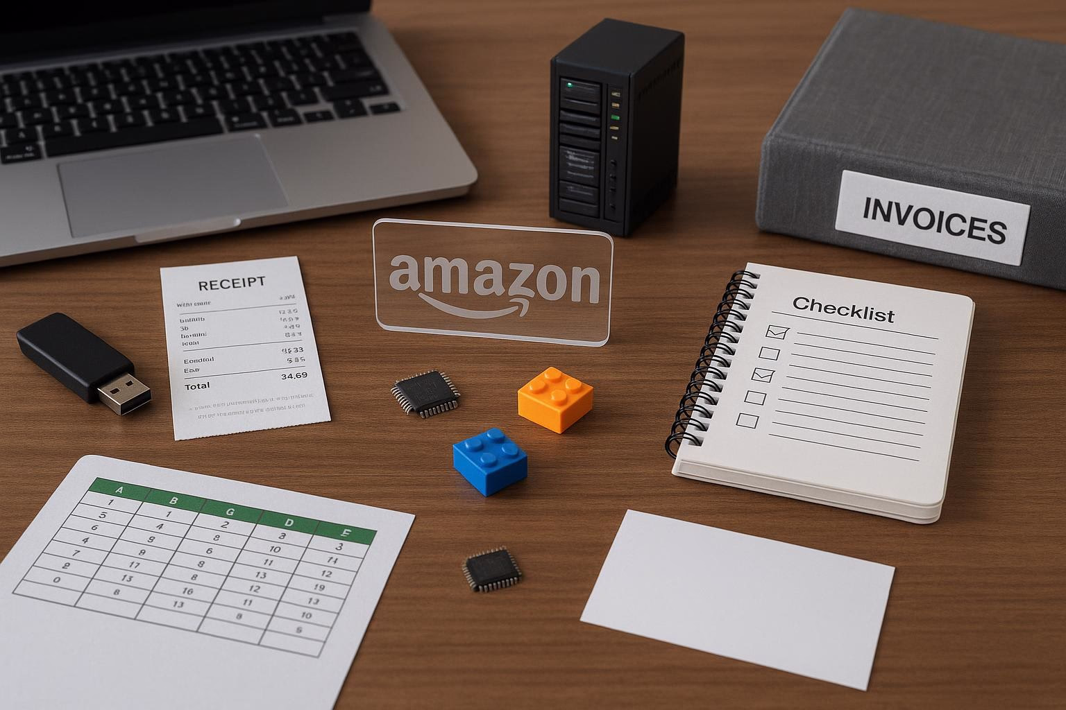 Schreibtisch mit Laptop, Mini-Server, bunten Lego-Bausteinen, USB-Stick, Quittung, Rechnungsblock und Checkliste zur Arbeitsorganisation