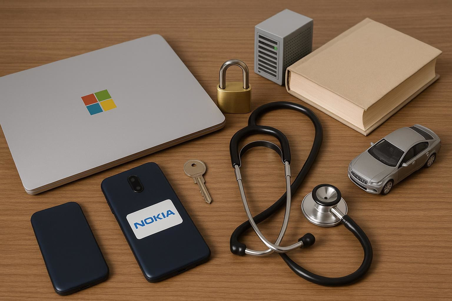 KDB Tech-Update 202510291604 Schreibtisch-Arrangements mit Laptop, Smartphone, Schlüssel und Vorhängeschloss, Stethoskop, Server-Modell, Buch und Modellauto zur Technik-/Sicherheitsdarstellung.