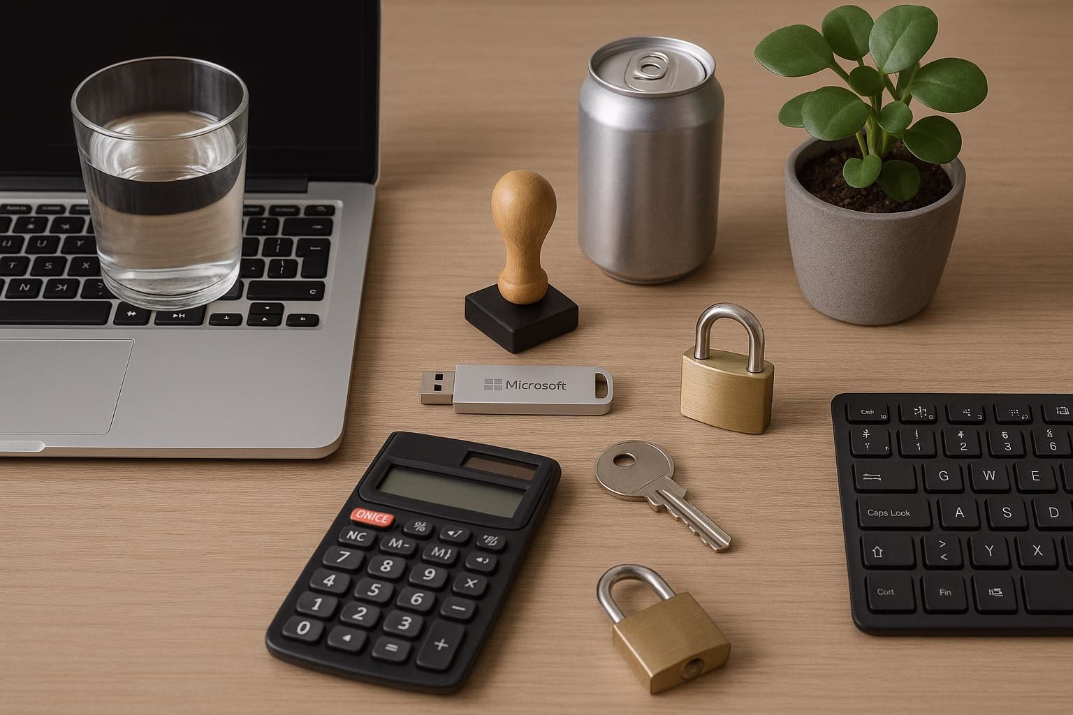 KDB Tech-Update 202510301603 Schreibtisch mit Laptop, USB-Stick, Taschenrechner, Stempel, Schlüssel und Vorhängeschloss neben einer Pflanze und Dose.