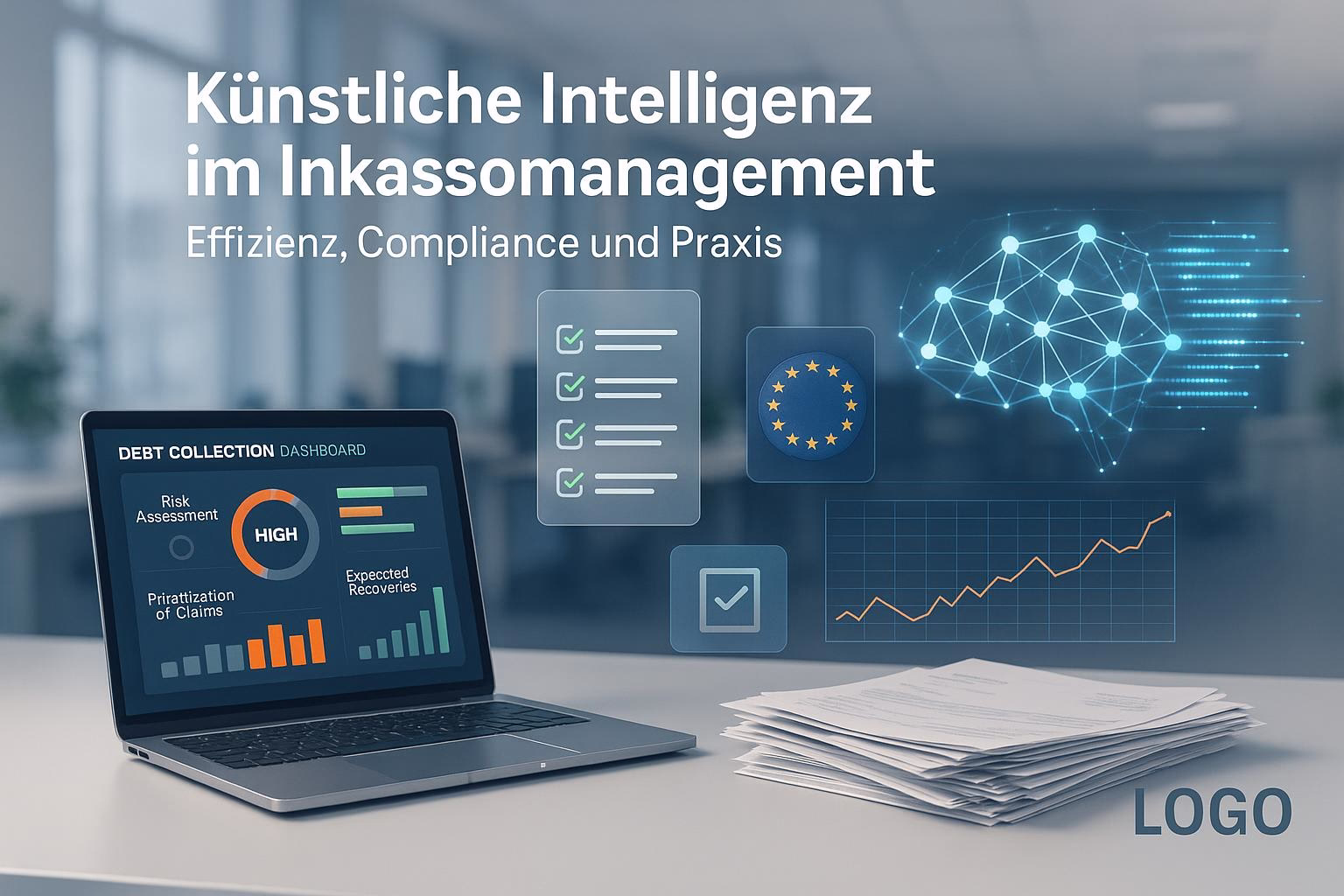 bild-ki-recherche-3 Laptop mit Dashboard, Diagrammen und KI-Netzwerk-Visualisierung für Effizienz-, Compliance- und Praxisdarstellung im Management.