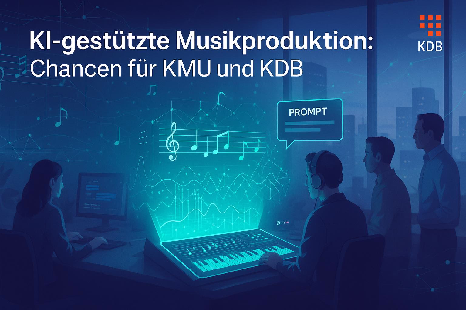 bild-ki-recherche Blaues Meeting-Setting mit Personen vor einem Keyboard; KI-Musikspektrum, Noten-Visualisierung und Chatfeld „PROMPT“ für Forschung und Produktion.