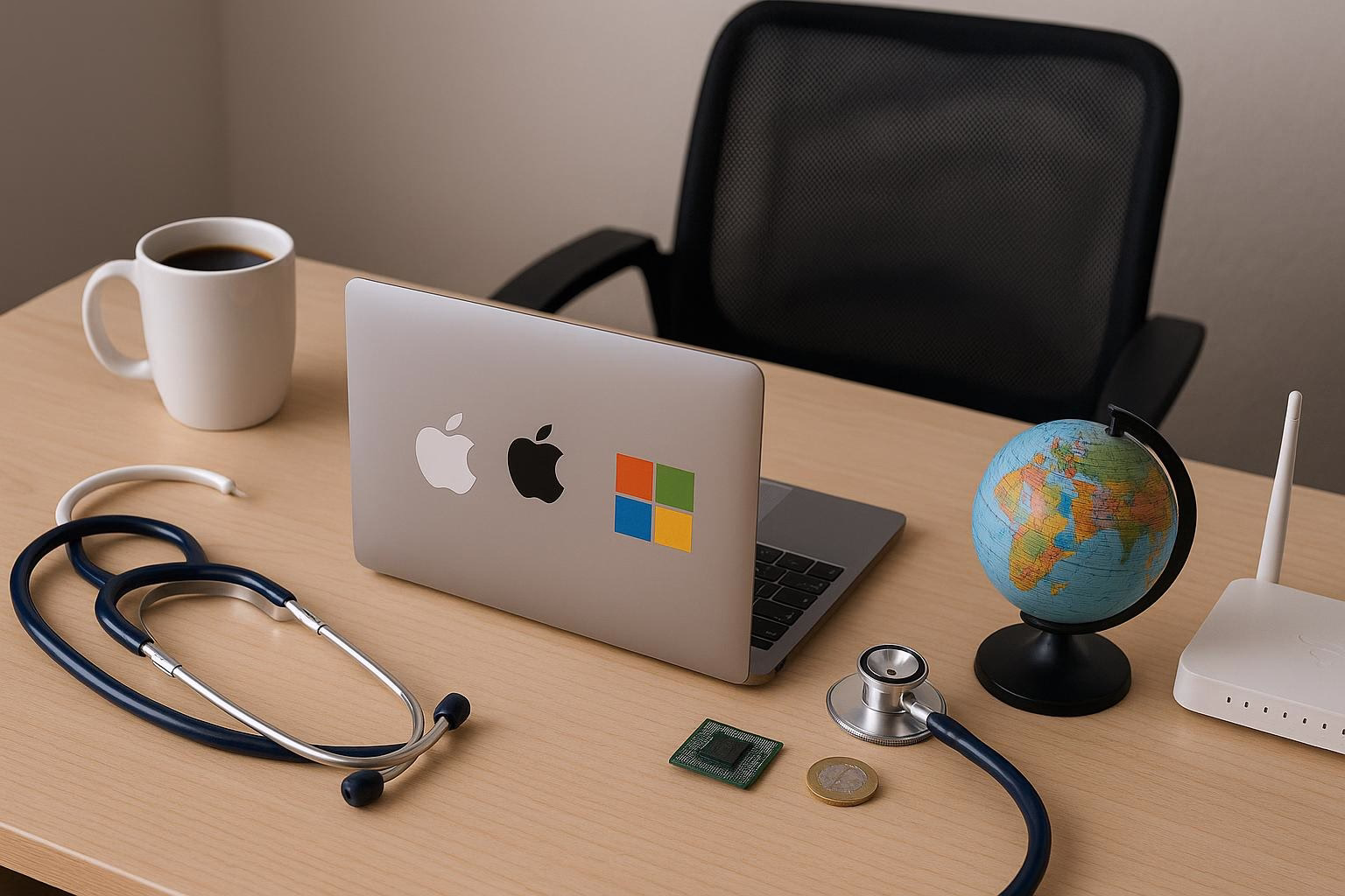 KDB Tech-Update 202511010605 Schreibtisch mit Laptop, Stethoskop, Mikrochip und Weltkugel; Kaffeetasse daneben, Symbol für Technik- und Gesundheitskontext.