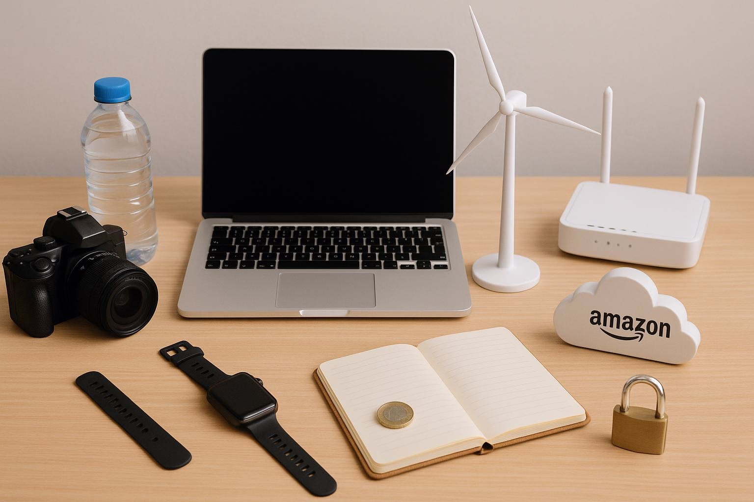 Schreibtisch mit Laptop, WLAN-Router, Modell-Windrädern und Accessoires; verdeutlicht Technik und Energie-/Kommunikationsbezug.