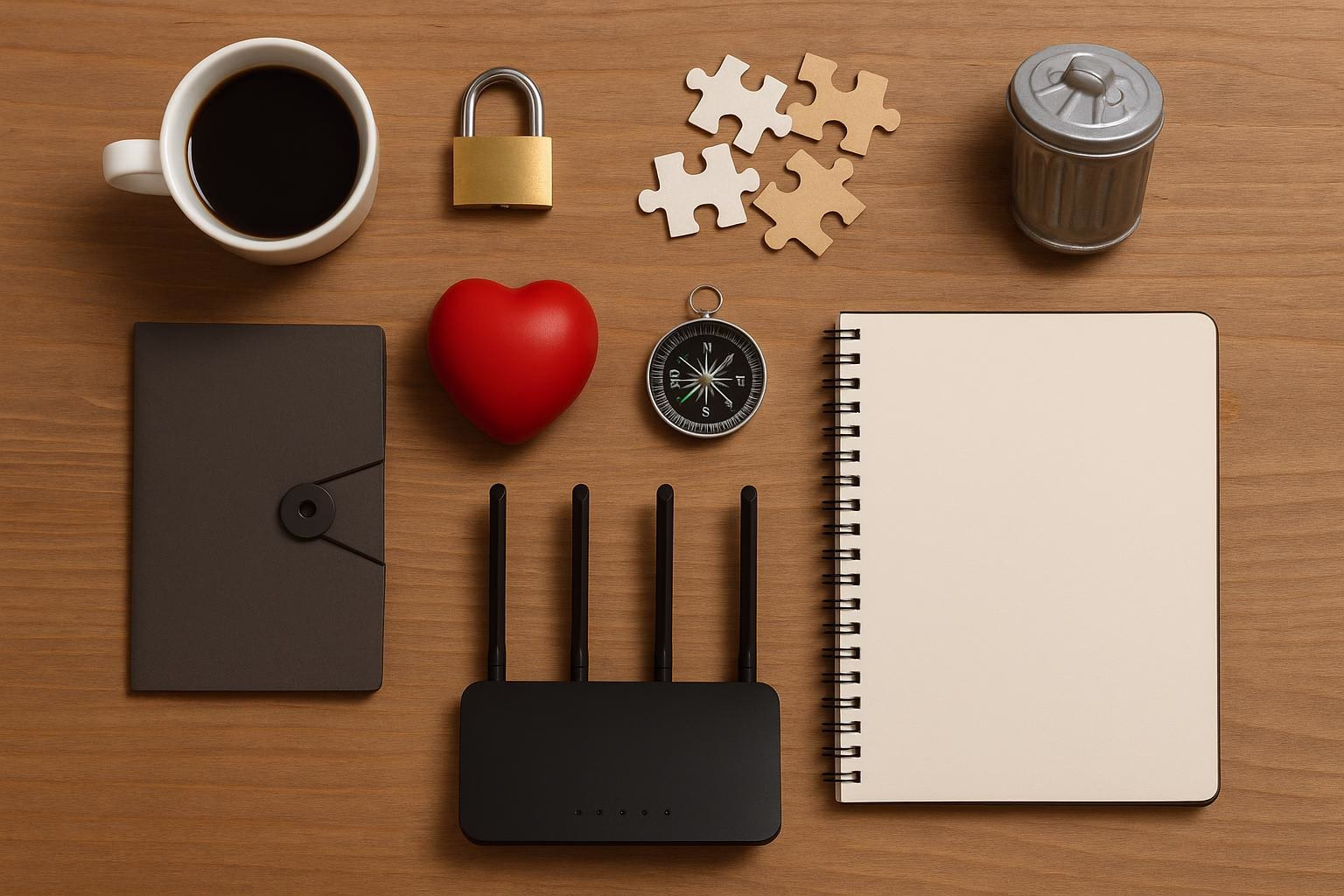 KDB Tech-Update 202511020603 Schreibtisch-Arrangement mit Kaffeetasse, Vorhängeschloss, Puzzle-Teilen, Kompass, Herz-Stressball und offenem Notizbuch. Visualisiert Büro-Alltag.