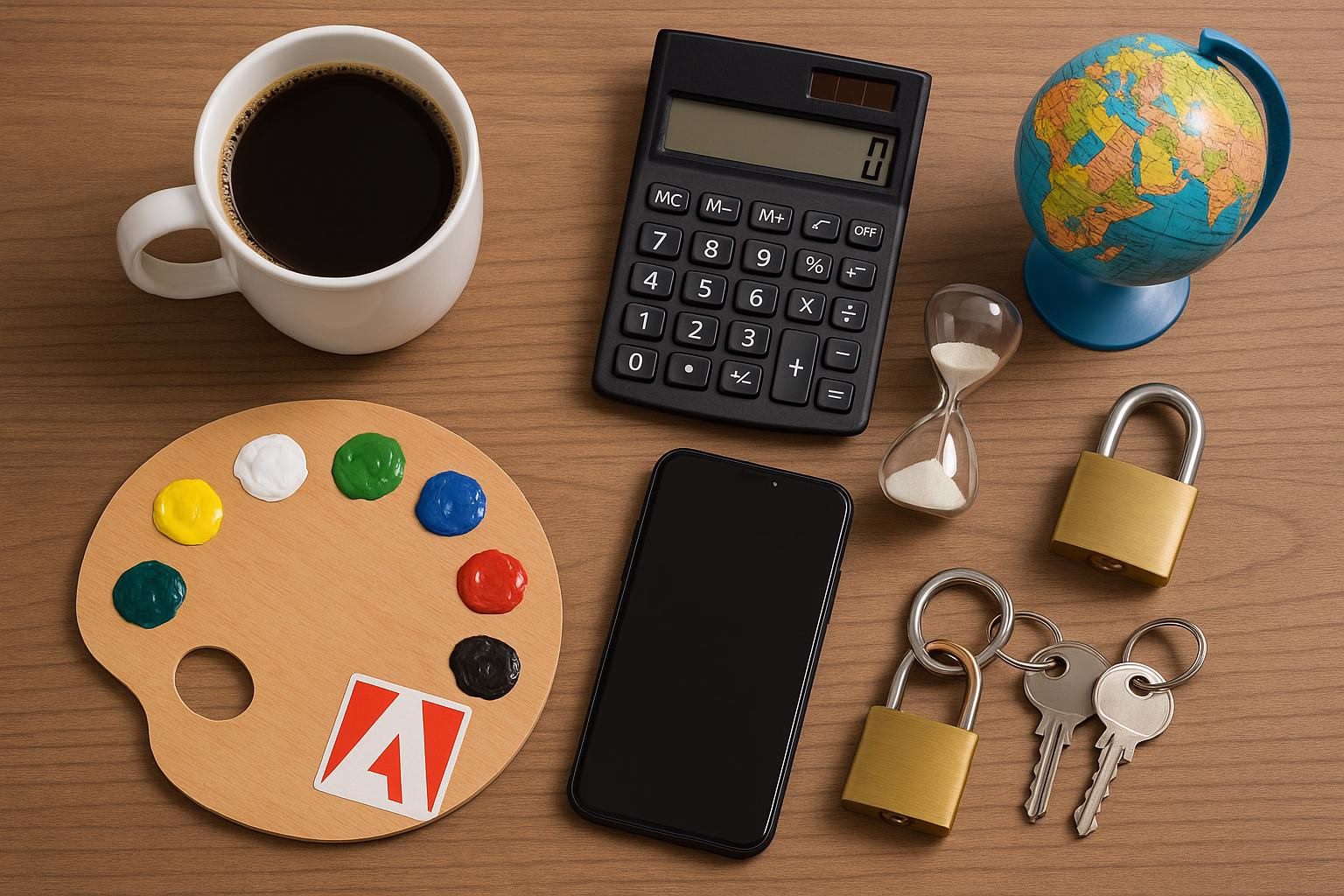 KDB Tech-Update 202511030604 Schreibtisch-Arrangement mit Kaffeetasse, Taschenrechner, Globus, Smartphone, Zuckerglas, Sanduhr, Vorhängeschlössern und Schlüsselbund, Farbpalette mit Klecksen als kreative, sicherheitsbezogene Meta