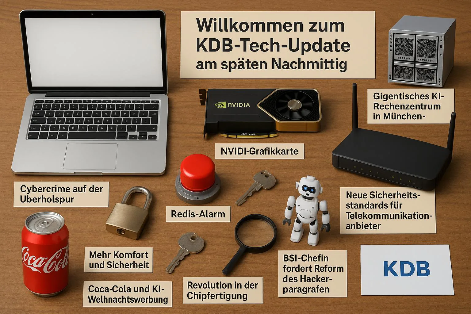 KDB Tech-Update 202511041603 Schreibtisch-Layout: Laptop, Server, NVIDIA-Grafikkarte, Router, Netzwerkschlüssel, Vorhängeschloss, Lupe, Alarmknopf und Roboterfigur mit beschrifteten Karten.