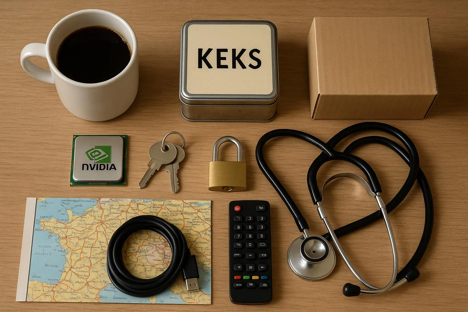 KDB Tech-Update 202511050603 Schreibtisch mit Kaffeetasse, KEKS-Dose „KEKS“, Smartphone, Versandkarton, Schlüsseln, Vorhängeschloss, Stethoskop, Ladekabel, Fernbedienung und Landkarte.