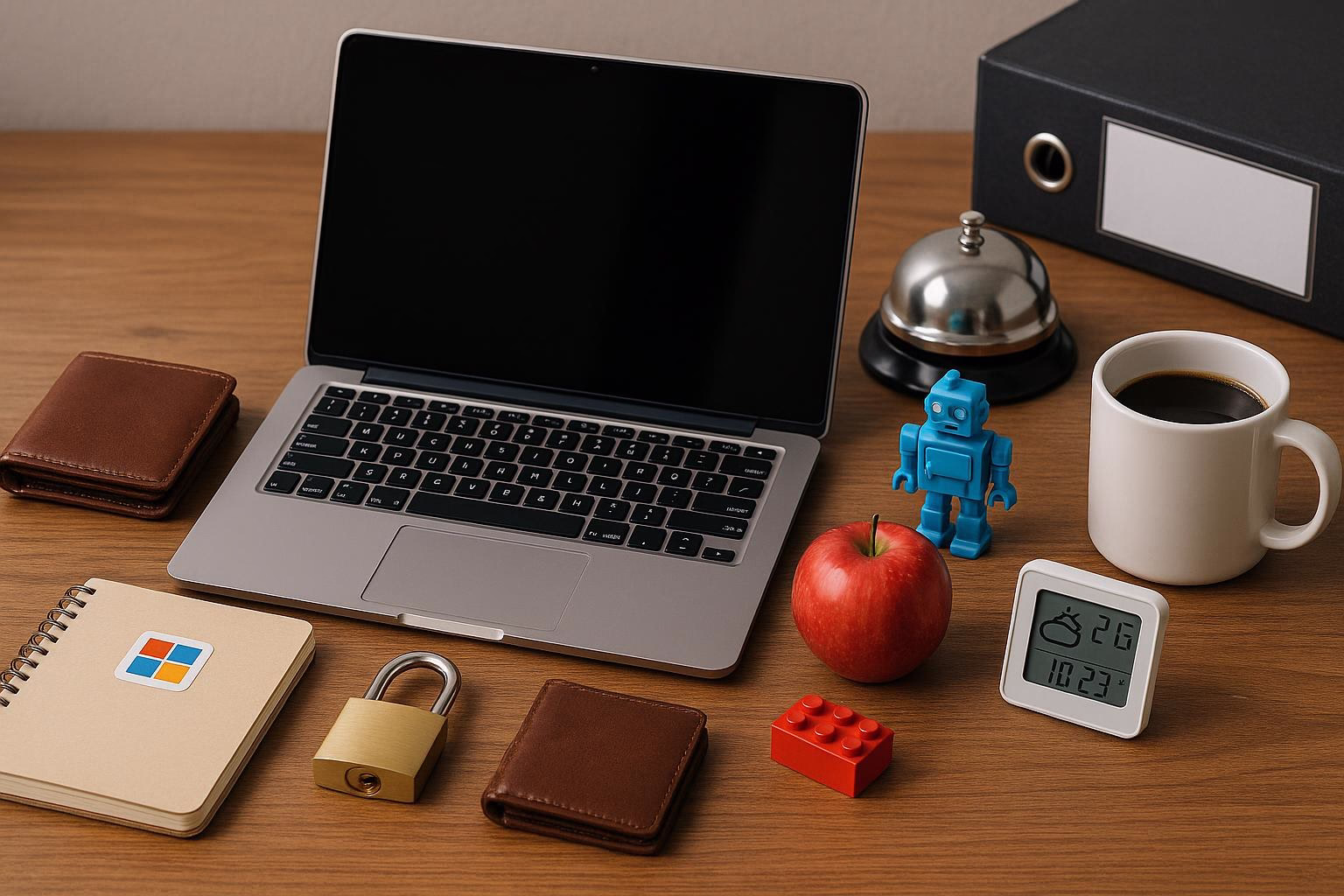 KDB Tech-Update 202511061606 Arbeitsplatz mit geöffnetem Laptop und Accessoires wie Schlüsselanhänger, Apfel, Roboterfigur, Tasse, wetteranzeigender Station, Ordner und Lego-Steinen.