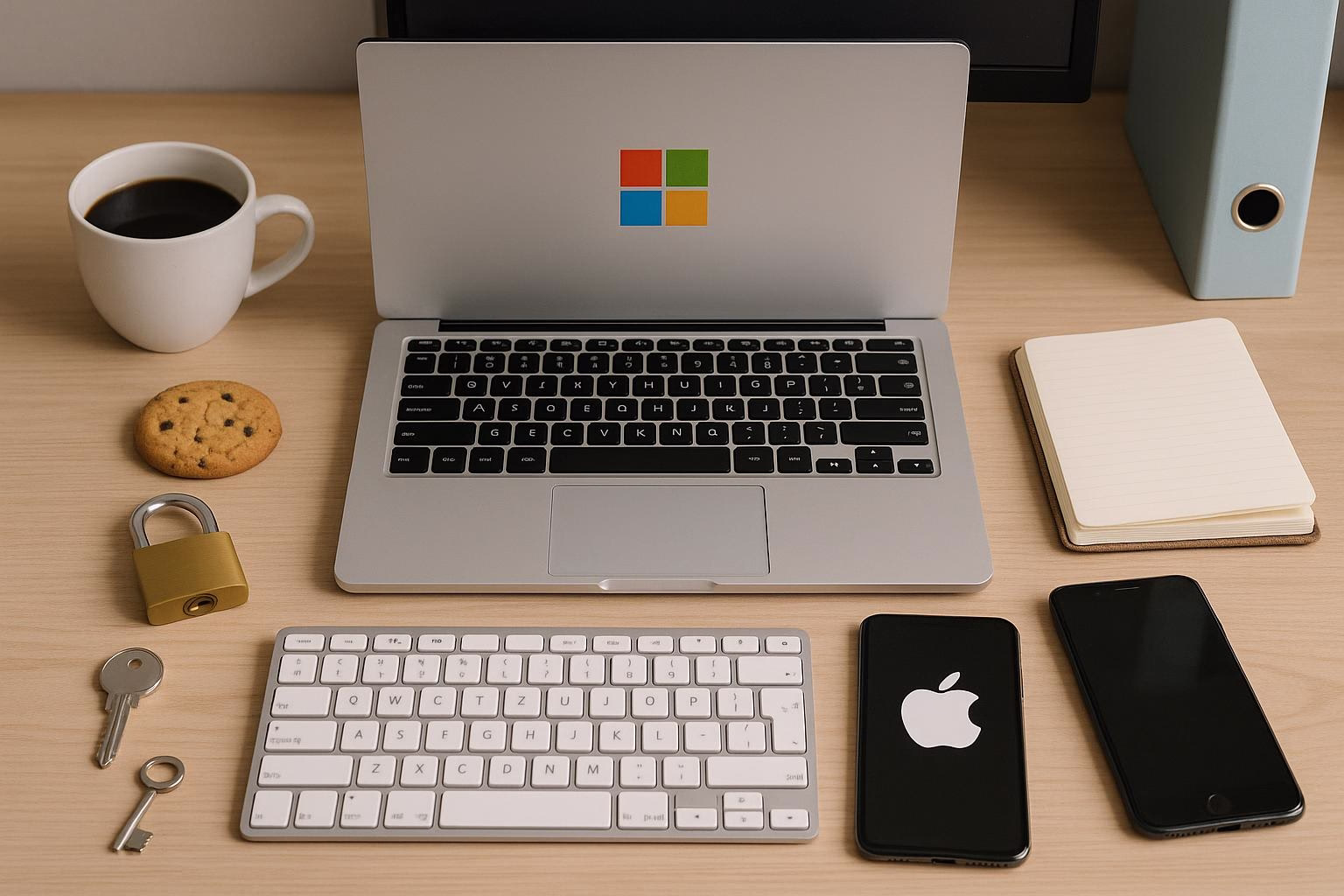 KDB Tech-Update 202511070605 Arbeitsplatz mit Laptop, Tastatur, Smartphone, Notizbuch und Kaffeetasse; daneben Schloss und Schlüssel als Hinweis auf Sicherheit.