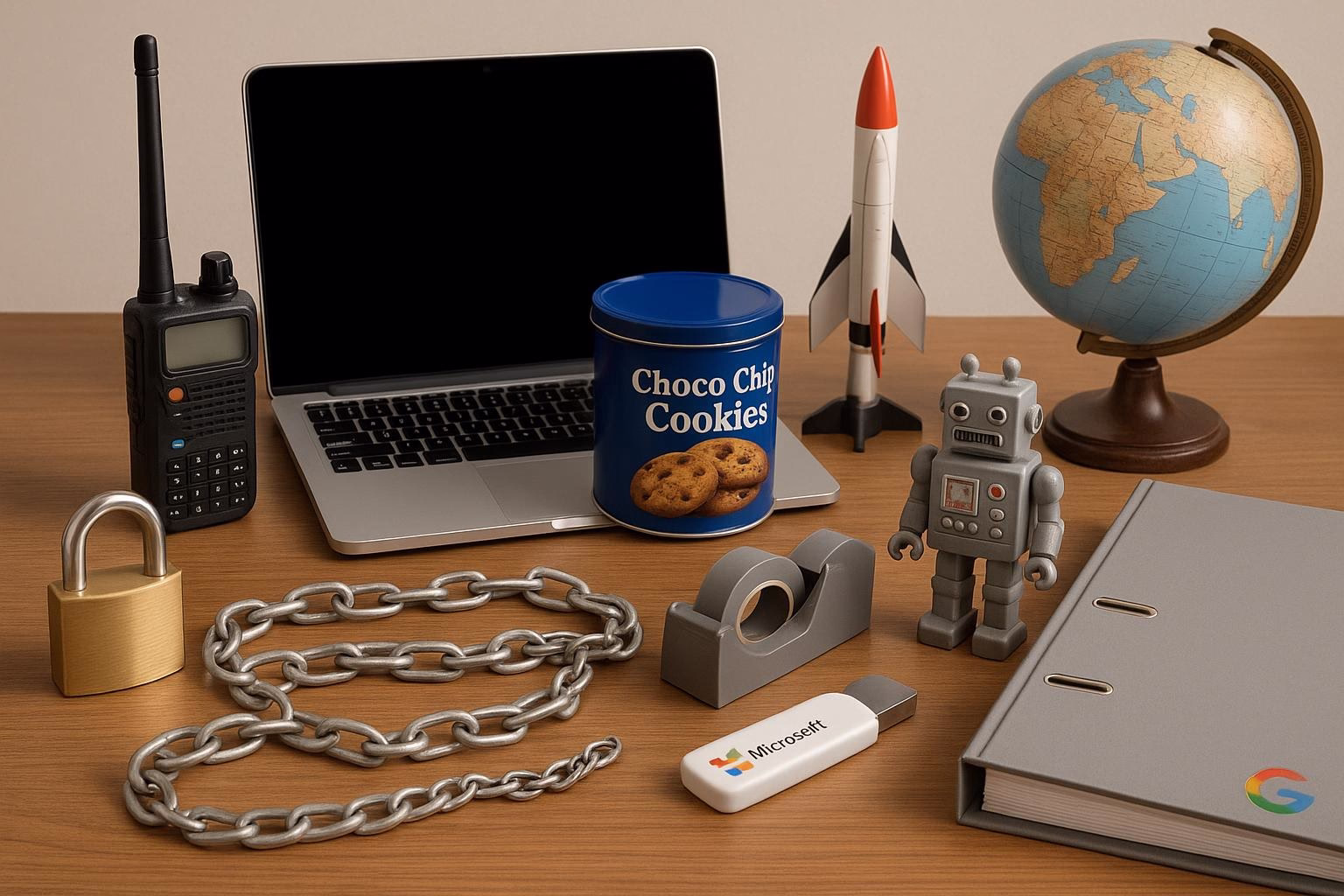 KDB Tech-Update 202511071603 Schreibtisch mit Laptop, Funkgerät, Keksdose, Roboterfigur, Globus und Metallkette; daneben Ordner, Modellrakete und USB-Stick.