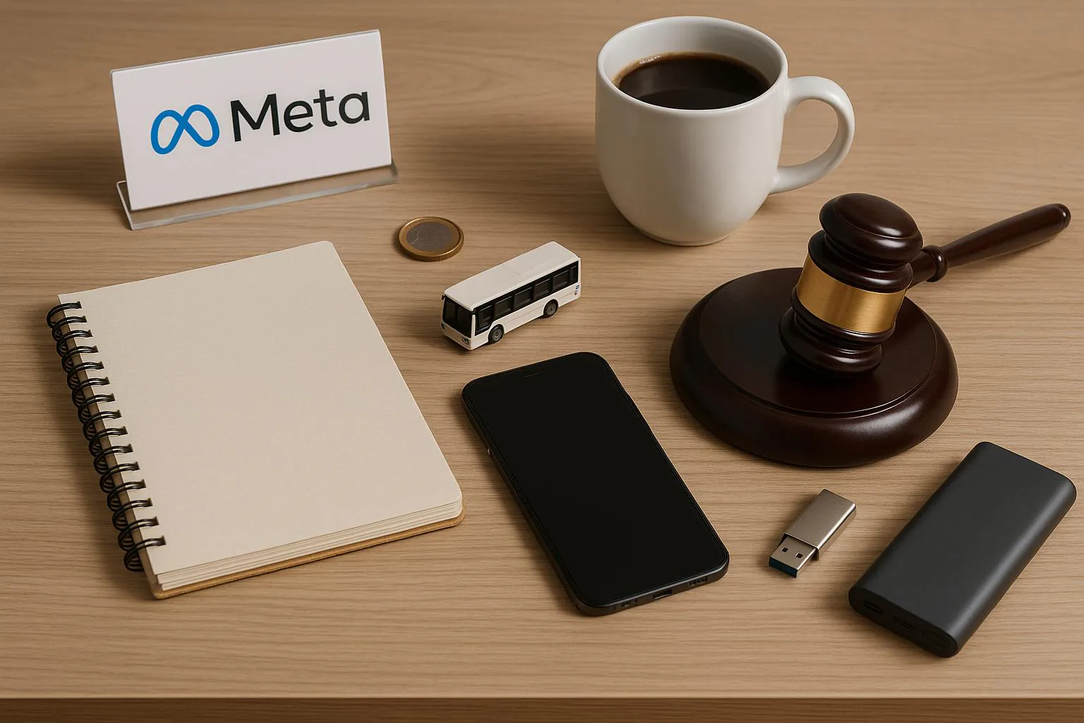 KDB Tech-Update 202511081601 Schreibtisch mit Kaffeetasse, Smartphone, USB-Stick, Powerbank, Skizzenblock, Modellbus, Münze, Richterhammer und dezentem Logo-Schild als Symbol für Updates
