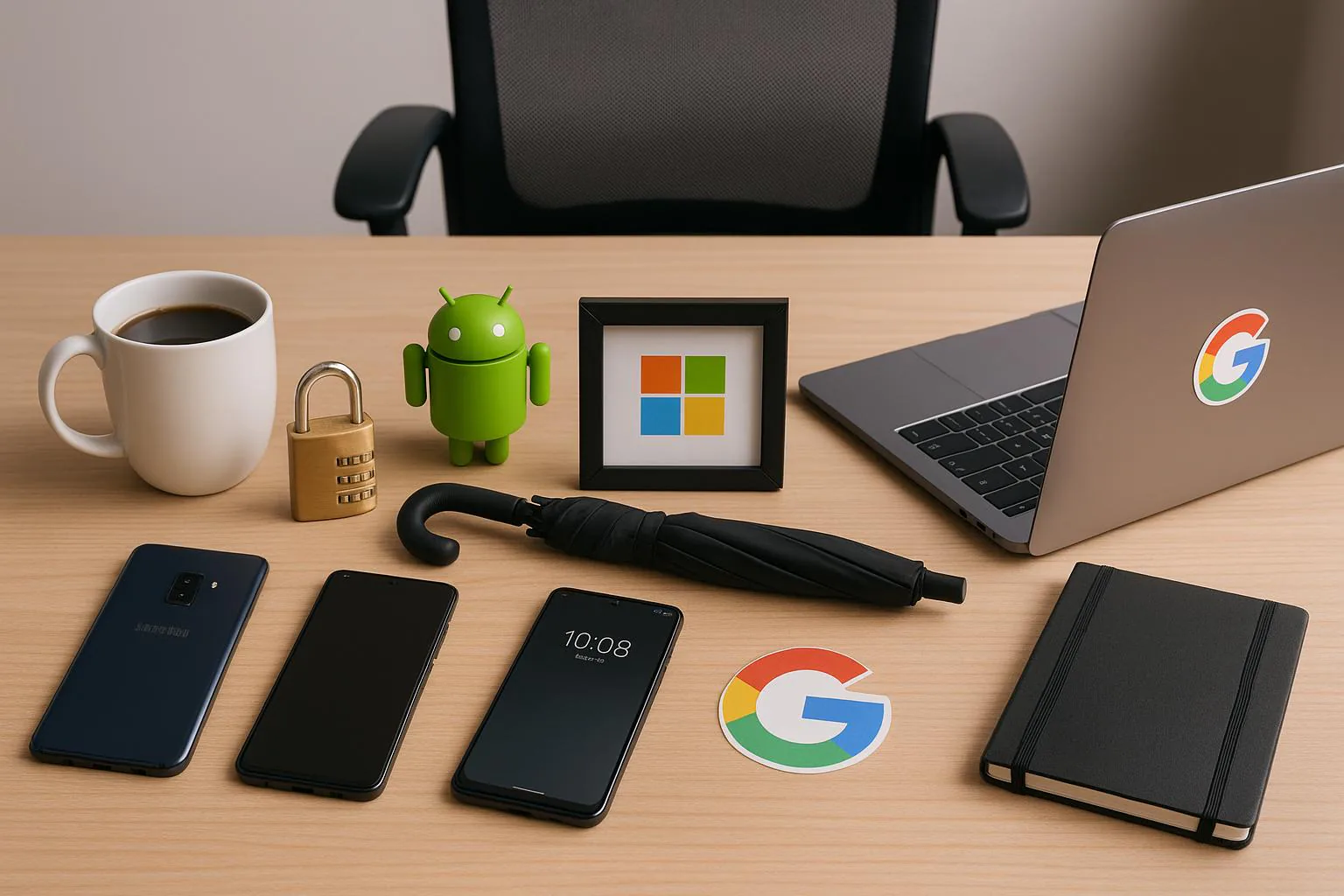 KDB Tech-Update 202511091601 Schreibtisch mit Kaffeetasse, Smartphone- und Laptopflächen, Android-/Google-Symbolen, Schlössern und Notizbuch als Hinweis auf digitale Updates.
