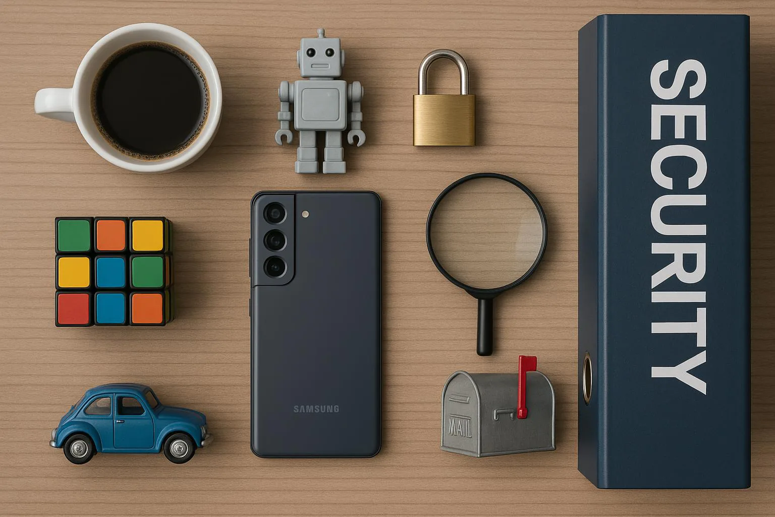 KDB Tech-Update 202511100604 Schreibtisch-Übersicht: Kaffeetasse, Roboterfigur, Smartphone, Lupe, Vorhängeschloss, Briefkasten und Sicherheitsordner zur Symbolisierung von Technik und Schutz.