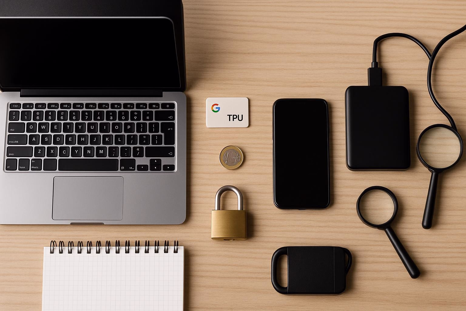 KDB Tech-Update 202511131607 Laptop, TPU-Chip, Smartphone und externer Datenträger auf Holzunterlage; Vergrößerungsglas und Euro-Münze zeigen Technik- und Prüfzweck.