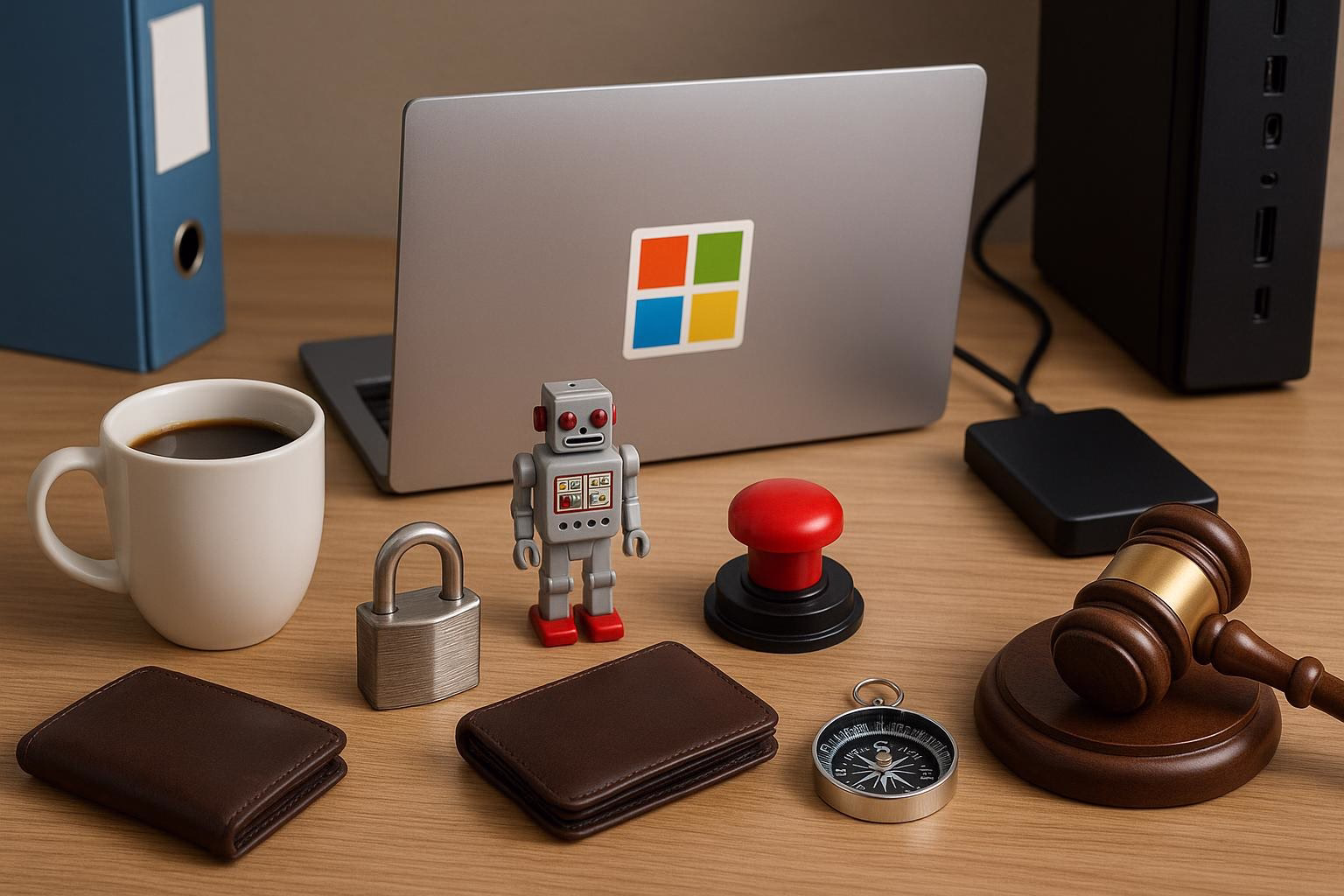 KDB Tech-Update 202511141602 Schreibtisch: Laptop mit Kachelemblem, Spielroboter vor Schloss, roter Notfallknopf, Portemonnaie, Kompass und Richterhammer als Hinweis auf Sicherheit.