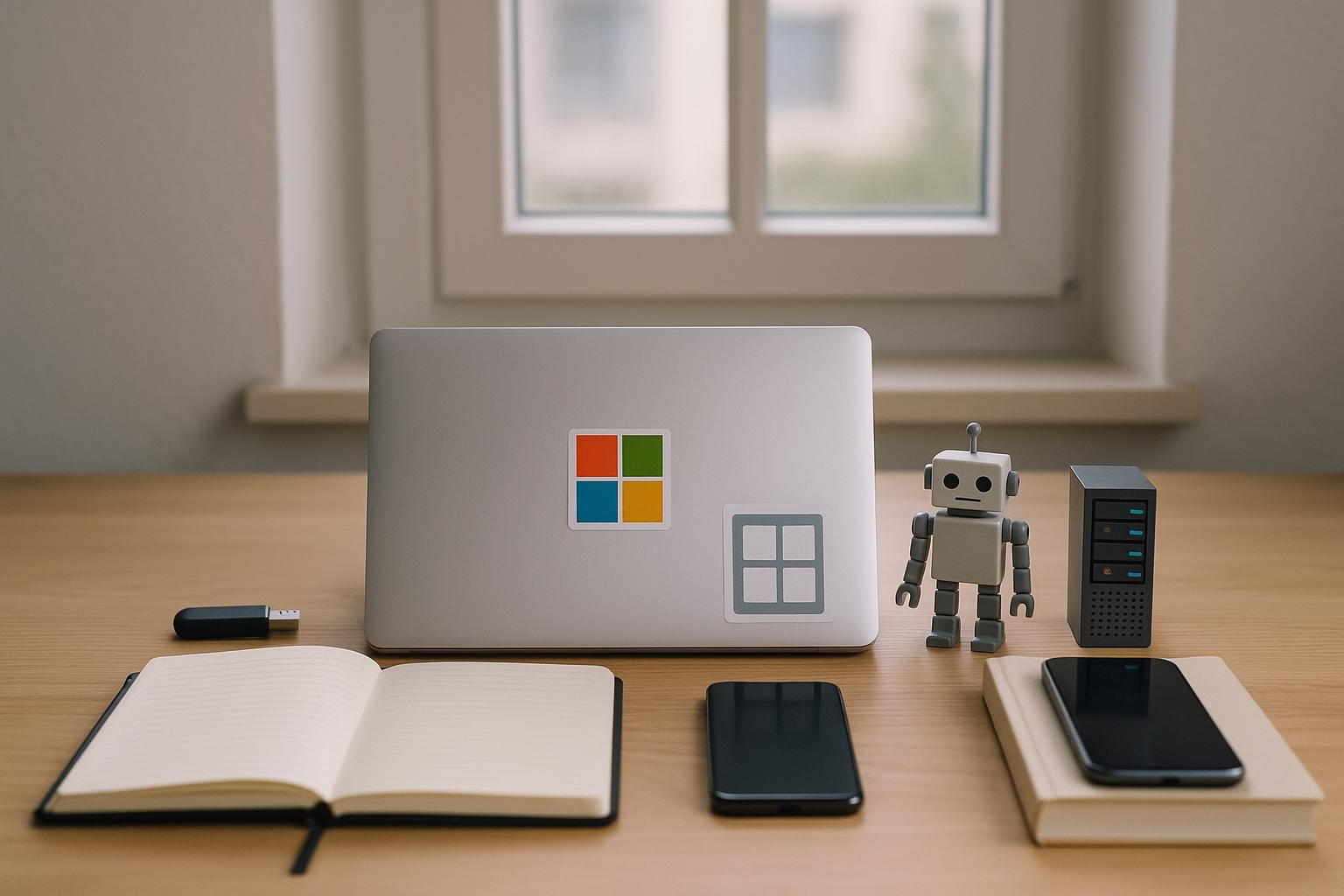 KDB Tech-Update 202511151605 Schreibtisch mit geöffnetem Buch, Laptop, USB-Stick, Smartphone, Roboterfigur und Mini-Server-Turm als Hinweis auf Technik-Updates